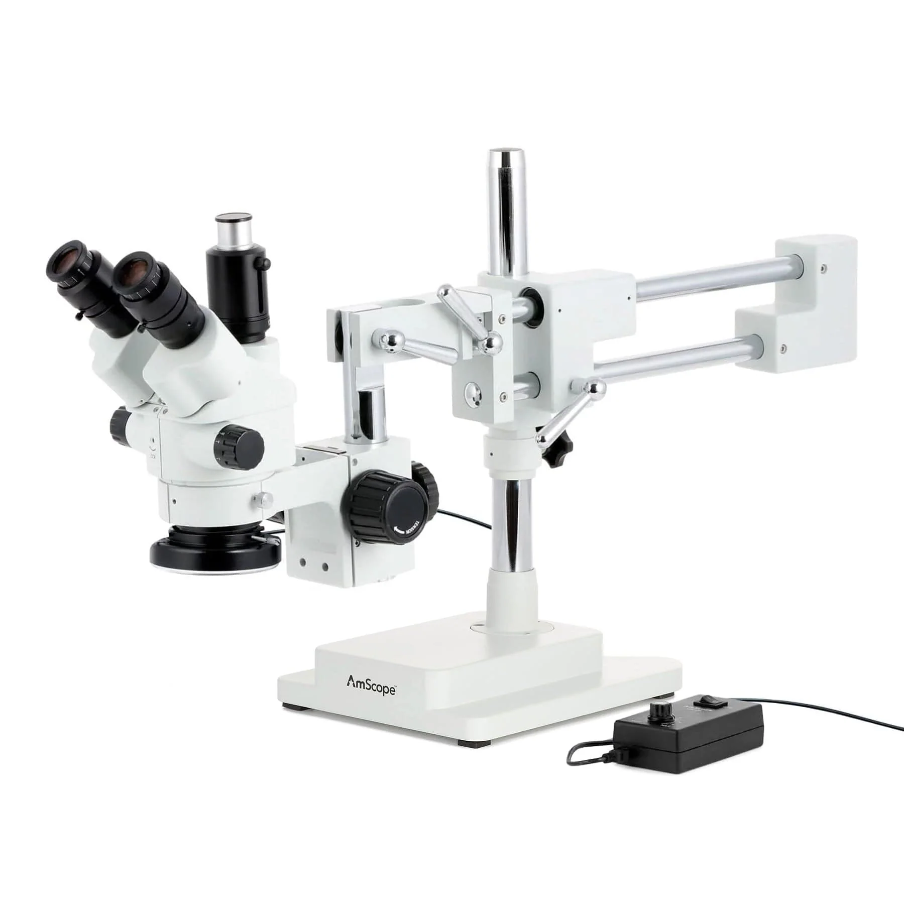 AmScope SM-4 Series Simul-Focal Lockable Zoom Trinocular Stereo Microscope with 144 LED Ring Light and Auto Focus Camera on Double Arm Boom Stand