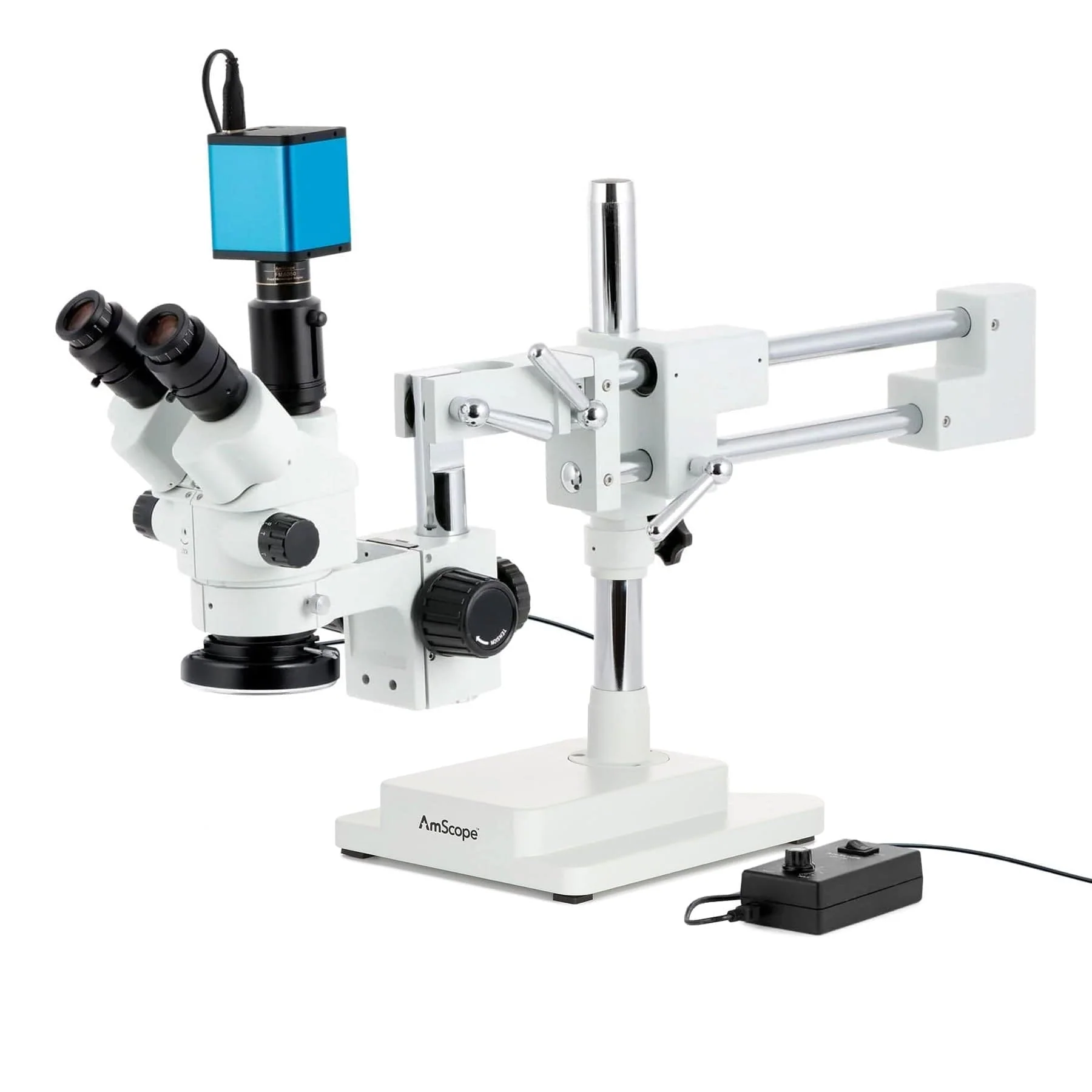 AmScope SM-4 Series Simul-Focal Lockable Zoom Trinocular Stereo Microscope with 144 LED Ring Light and Auto Focus Camera on Double Arm Boom Stand - Image 2