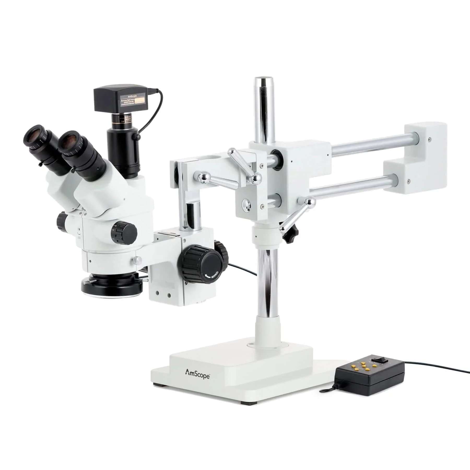 AmScope SM-4 Series Simul-Focal Lockable Zoom Trinocular Stereo Microscope with Multi-Zone 144 LED and Optional Digital Camera on Double Arm Boom Stand - Image 4