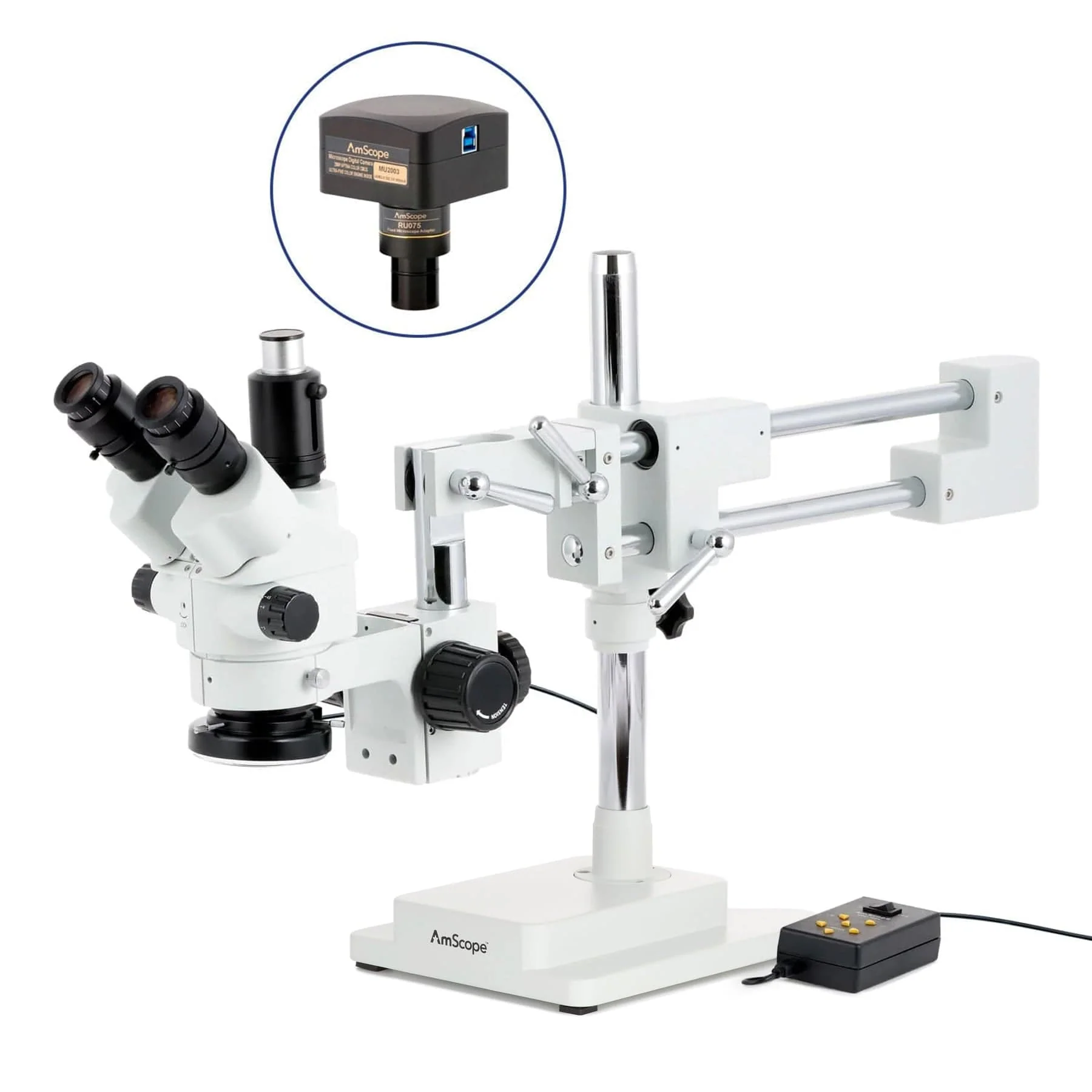 AmScope SM-4 Series Simul-Focal Lockable Zoom Trinocular Stereo Microscope with Multi-Zone 144 LED and Optional Digital Camera on Double Arm Boom Stand - Image 7