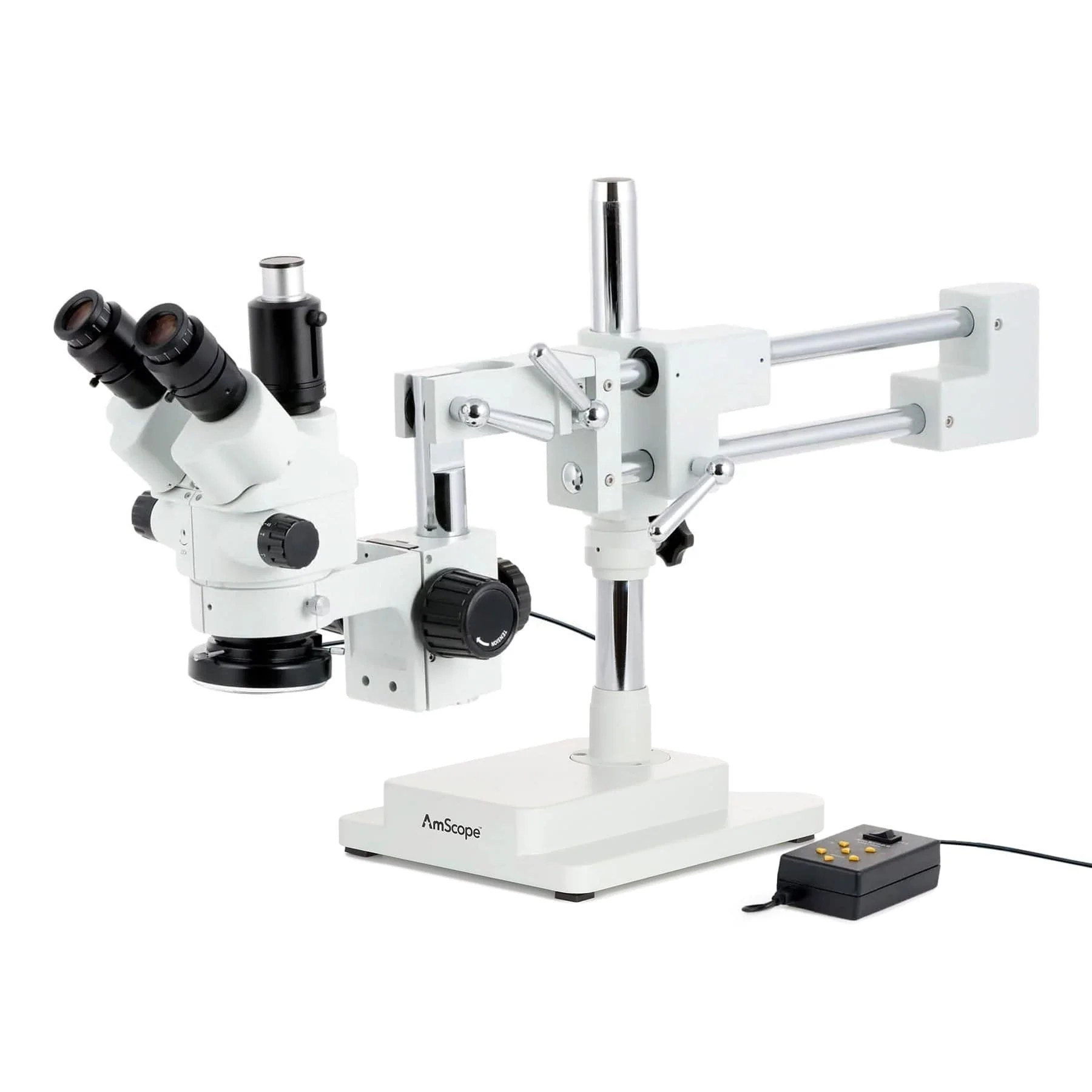 AmScope SM-4 Series Simul-Focal Lockable Zoom Trinocular Stereo Microscope with Multi-Zone 144 LED and Auto Focus Camera on Double Arm Boom Stand
