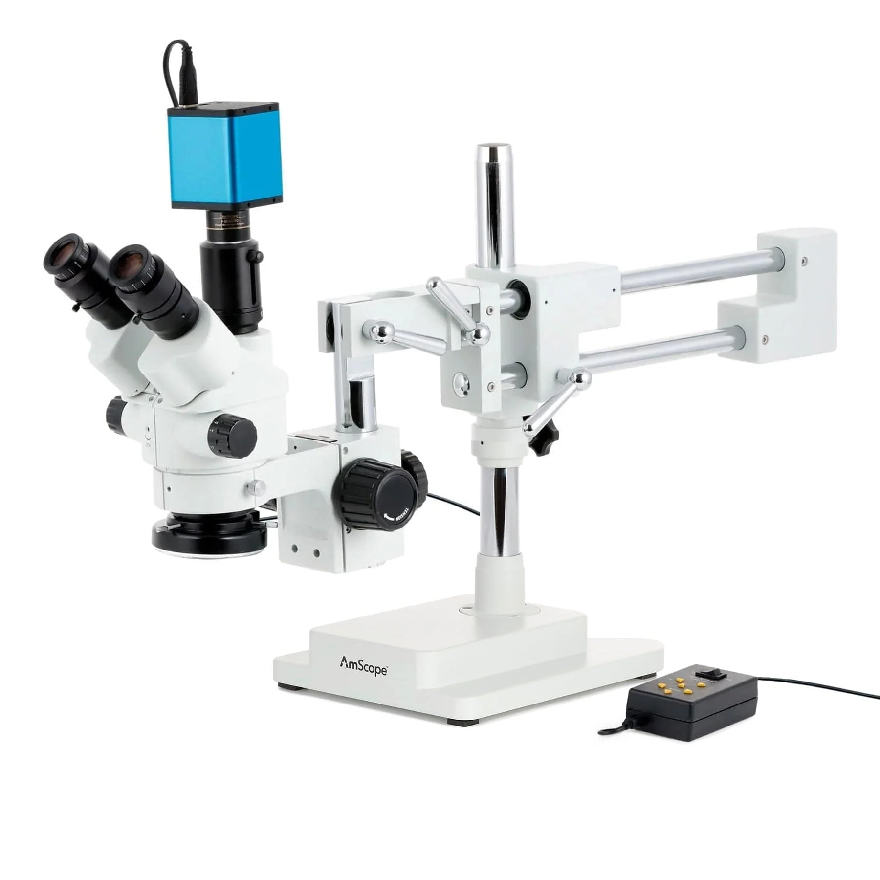 AmScope SM-4 Series Simul-Focal Lockable Zoom Trinocular Stereo Microscope with Multi-Zone 144 LED and Auto Focus Camera on Double Arm Boom Stand - Image 2