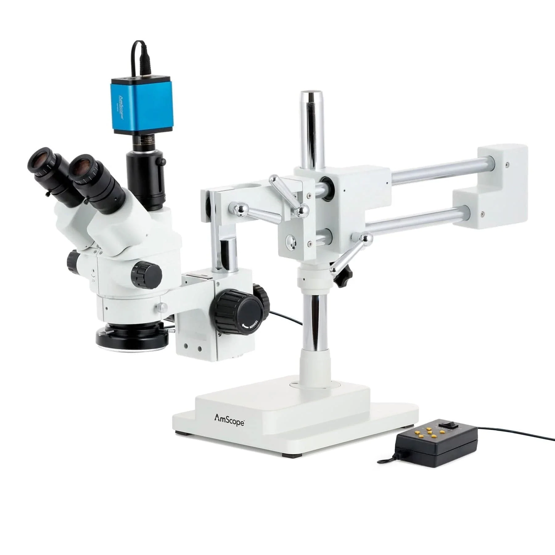 AmScope SM-4 Series Simul-Focal Lockable Zoom Trinocular Stereo Microscope with Multi-Zone 144 LED and Auto Focus Camera on Double Arm Boom Stand - Image 4