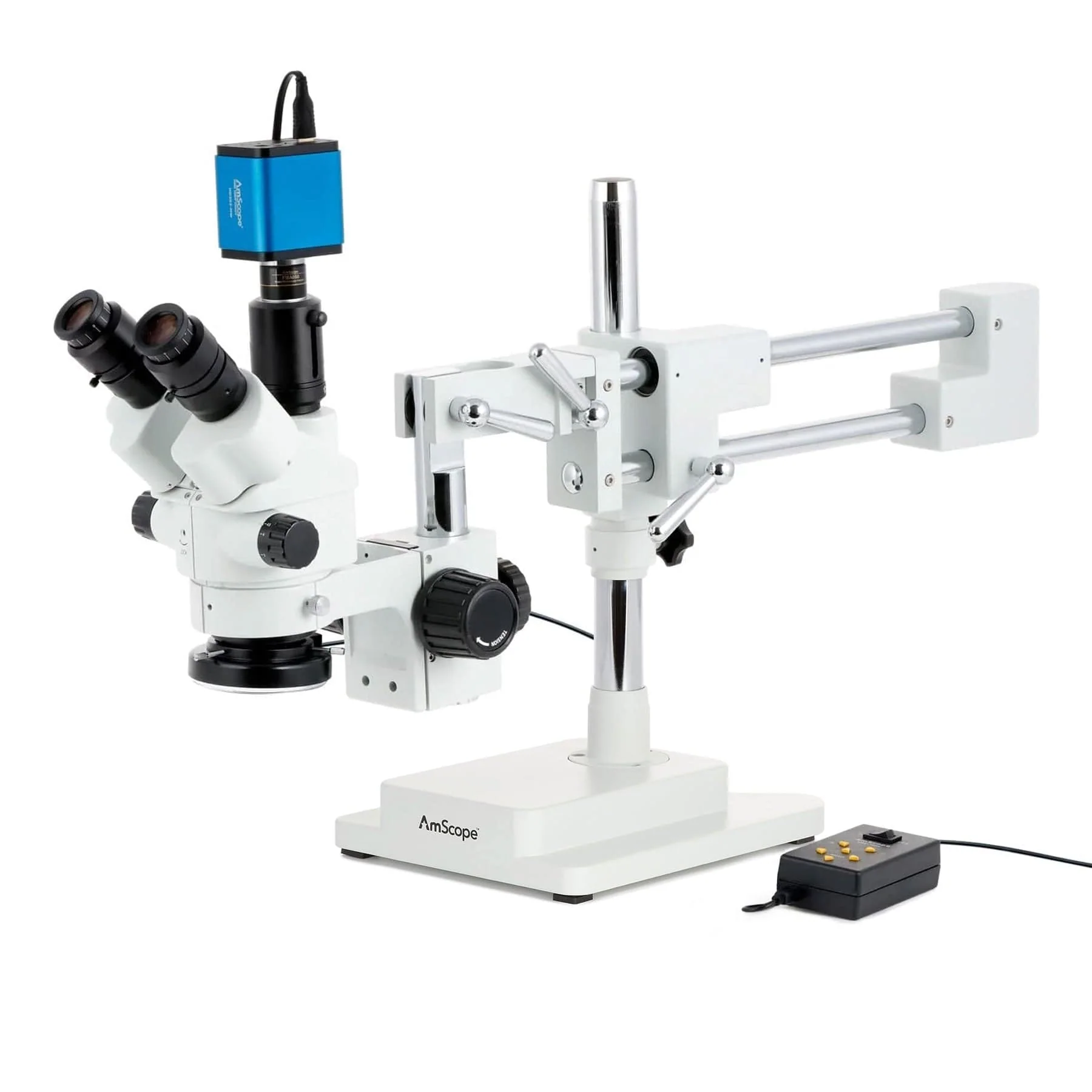 AmScope SM-4 Series Simul-Focal Lockable Zoom Trinocular Stereo Microscope with Multi-Zone 144 LED and HDMI Camera on Double Arm Boom Stand - Image 2