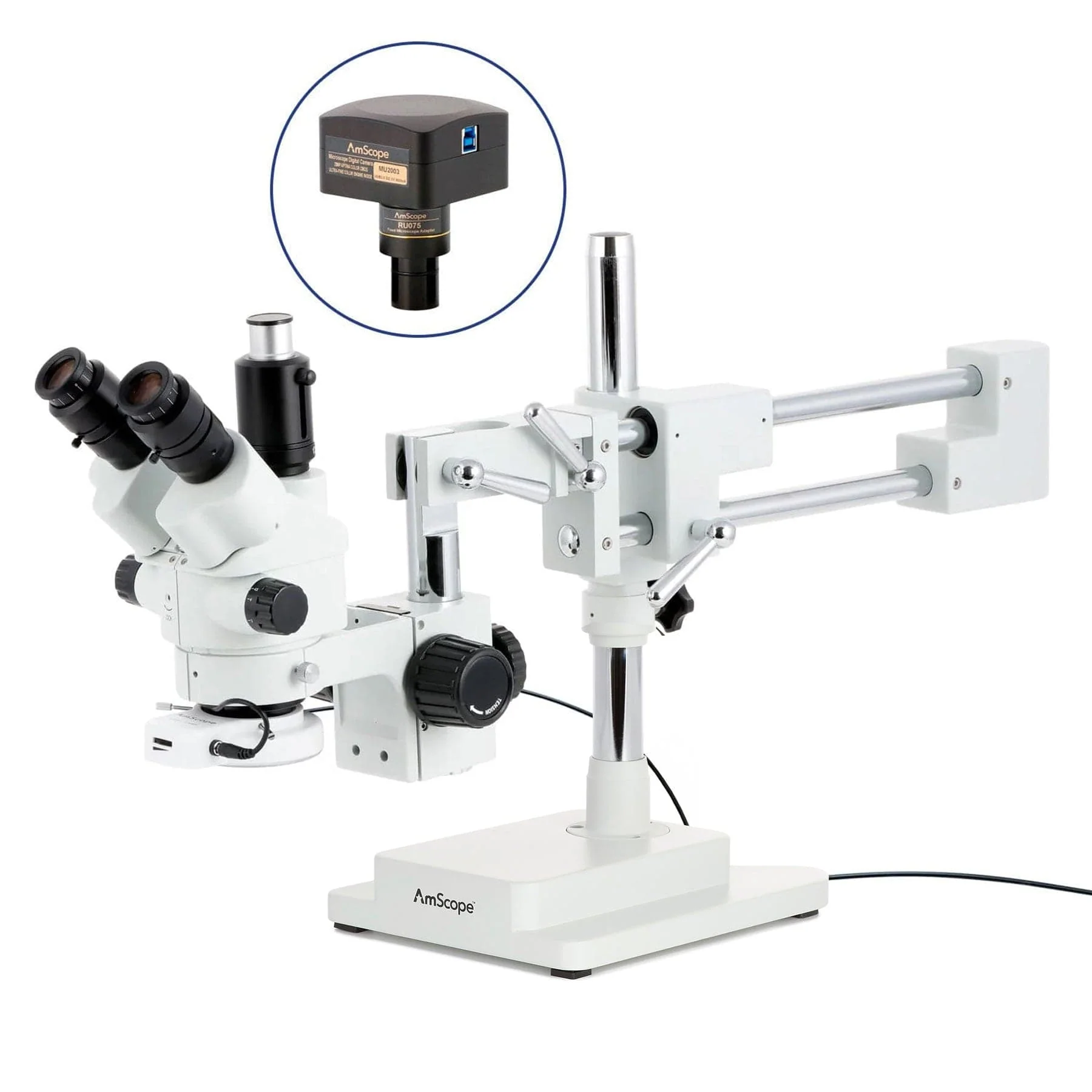 AmScope SM-4 Series Simul-Focal Lockable Zoom Trinocular Stereo Microscope with 144 LED Compact Ring Light and Optional Digital Camera on Double Arm Boom Stand - Image 7