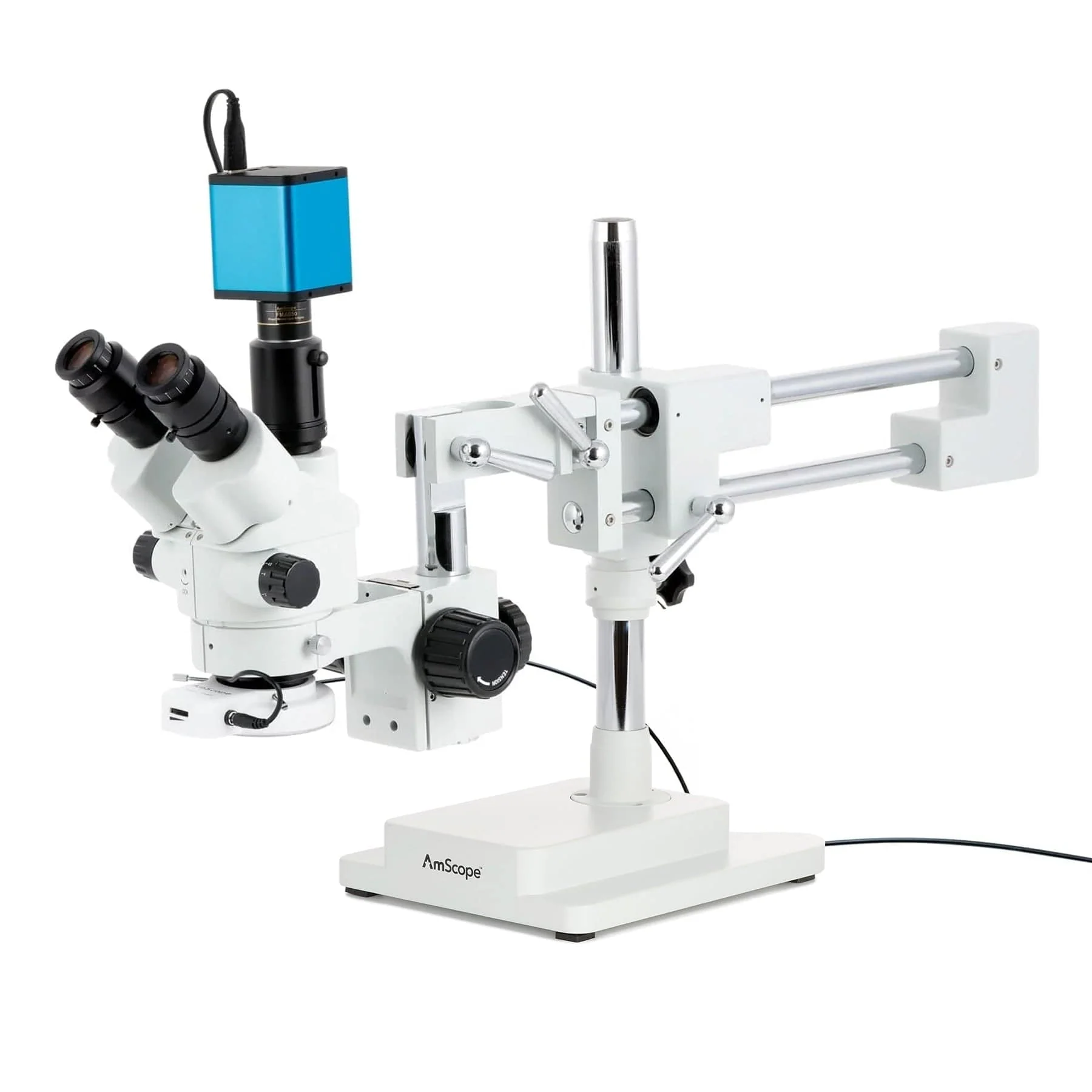 AmScope SM-4 Series Simul-Focal Lockable Zoom Trinocular Stereo Microscope with 144 LED Compact Ring Light and Auto Focus Camera on Double Arm Boom Stand - Image 2
