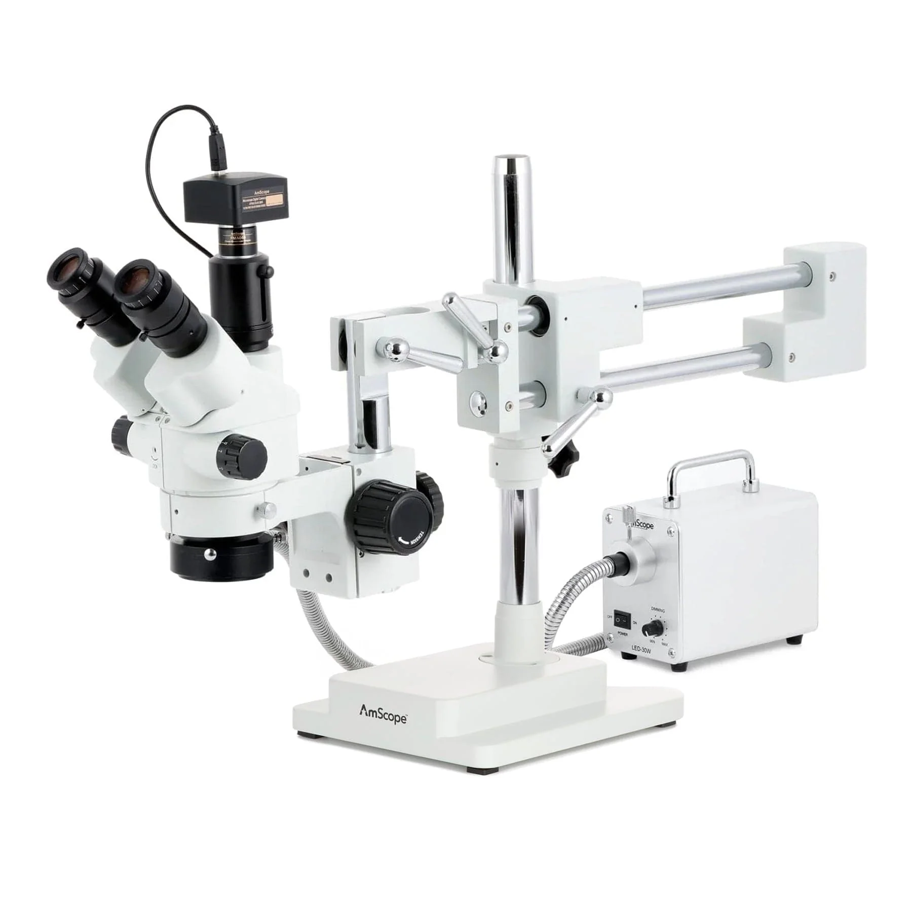 AmScope SM-4 Series Simul-Focal Lockable Zoom Trinocular Stereo Microscope with 30W LED Fiber Optic Ring Light and Optional Digital Camera on Double Arm Boom Stand - Image 2