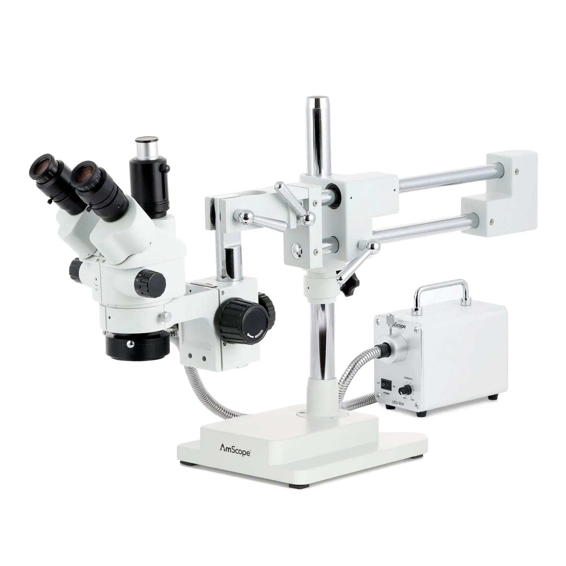AmScope SM-4 Series Simul-Focal Lockable Zoom Trinocular Stereo Microscope with 30W LED Fiber Optic Ring Light and Auto Focus Camera on Double Arm Boom Stand