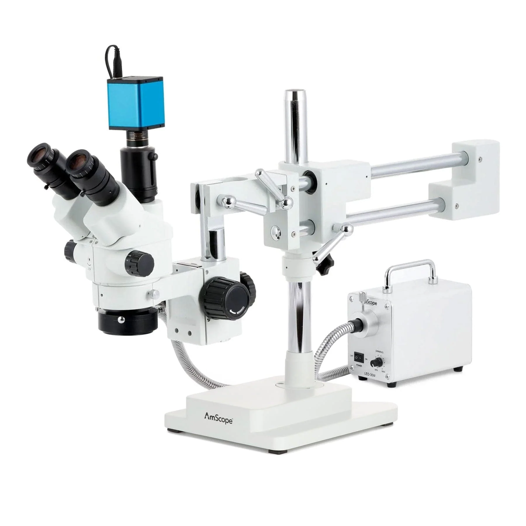 AmScope SM-4 Series Simul-Focal Lockable Zoom Trinocular Stereo Microscope with 30W LED Fiber Optic Ring Light and Auto Focus Camera on Double Arm Boom Stand - Image 2