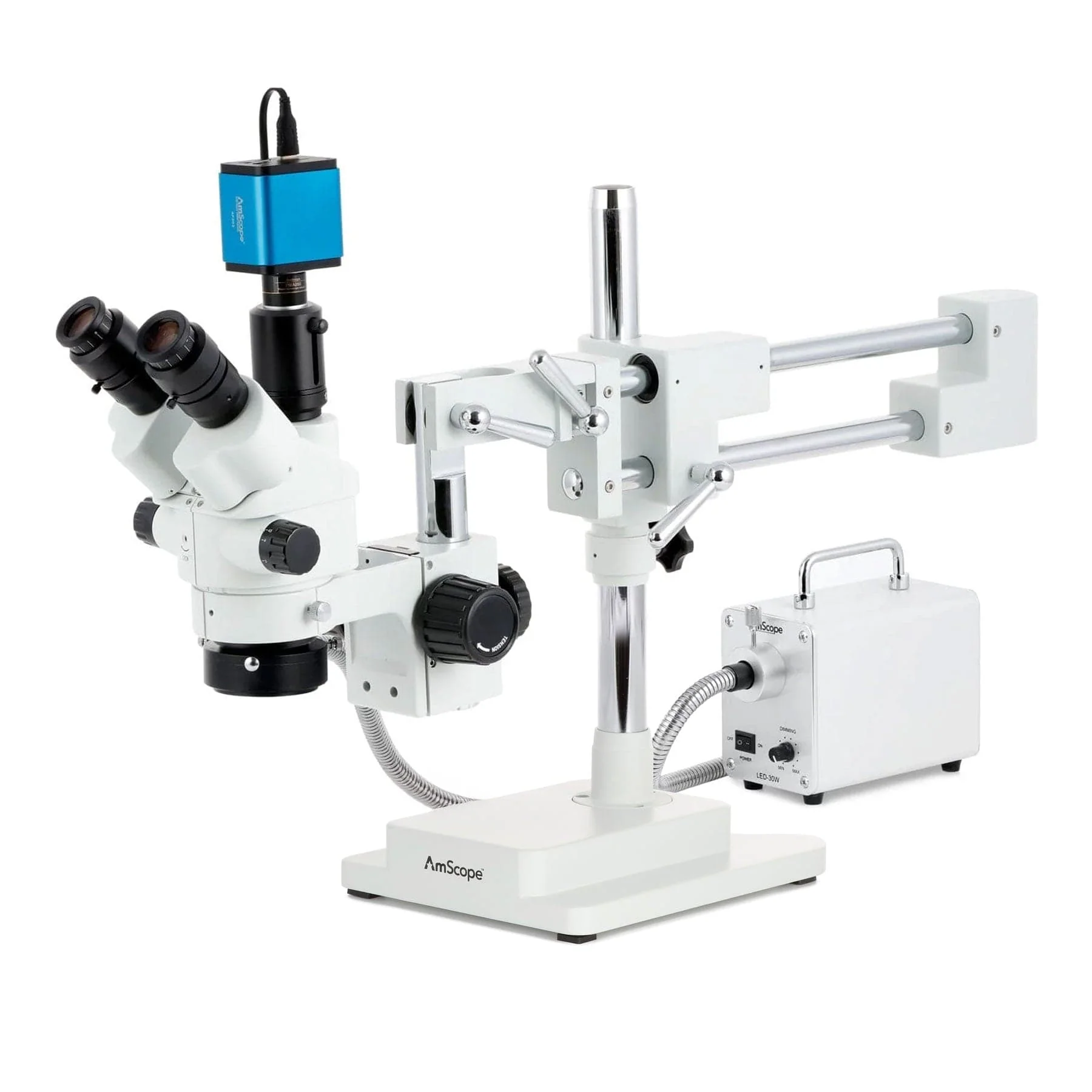 AmScope SM-4 Series Simul-Focal Lockable Zoom Trinocular Stereo Microscope with 30W LED Fiber Optic Ring Light and Auto Focus Camera on Double Arm Boom Stand - Image 4