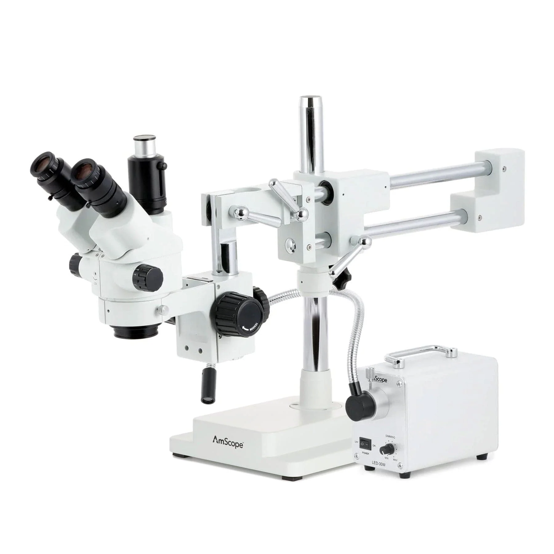 AmScope SM-4 Series Simul-Focal Lockable Zoom Trinocular Stereo Microscope with 30W LED Single Fiber Optic Gooseneck Light and Auto Focus Camera on Double Arm Boom Stand