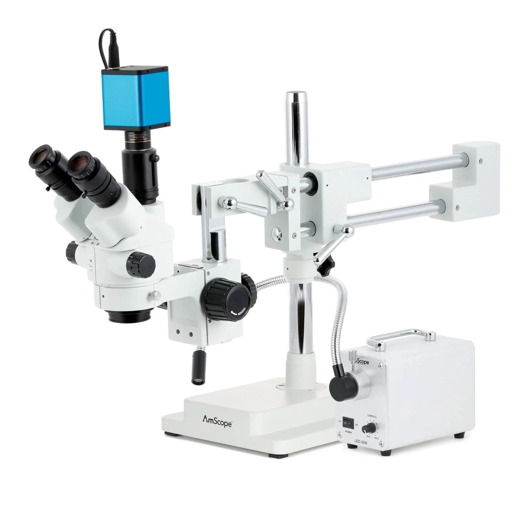 AmScope SM-4 Series Simul-Focal Lockable Zoom Trinocular Stereo Microscope with 30W LED Single Fiber Optic Gooseneck Light and Auto Focus Camera on Double Arm Boom Stand - Image 2