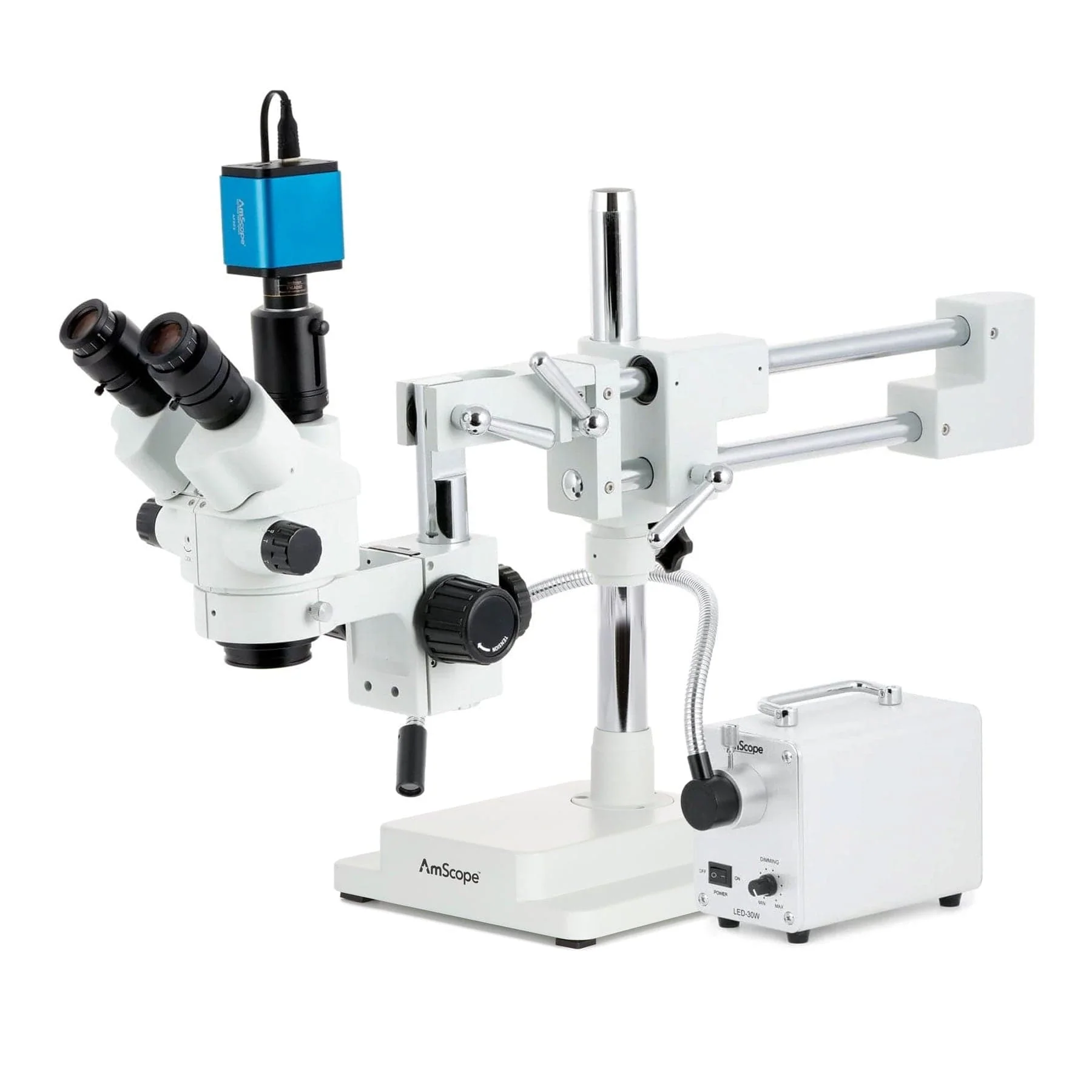 AmScope SM-4 Series Simul-Focal Lockable Zoom Trinocular Stereo Microscope with 30W LED Single Fiber Optic Gooseneck Light and Auto Focus Camera on Double Arm Boom Stand - Image 4