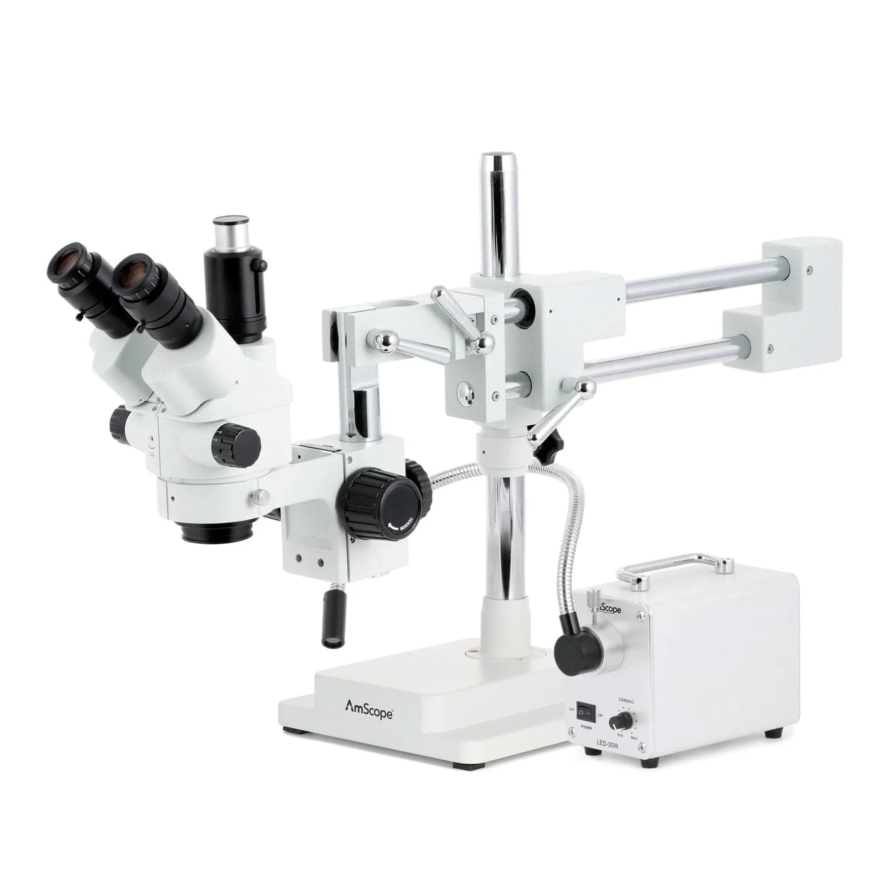 AmScope SM-4 Series Simul-Focal Lockable Zoom Trinocular Stereo Microscope with 30W LED Single Fiber Optic Gooseneck Light and HDMI Camera on Double Arm Boom Stand