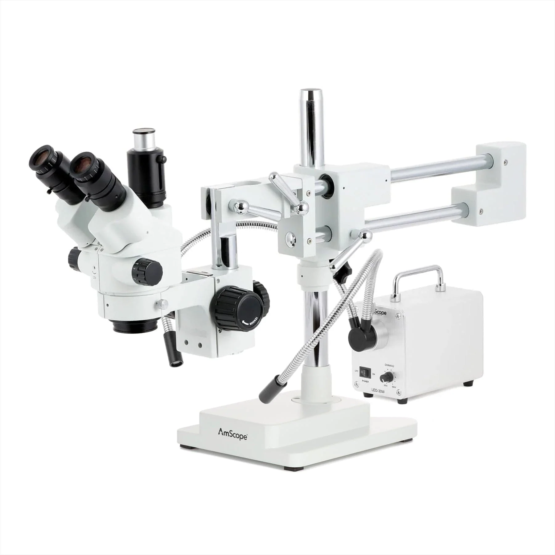 AmScope SM-4 Series Simul-Focal Lockable Zoom Trinocular Stereo Microscope with 30W LED Dual Gooseneck Fiber Optic Lights and Optional Digital Camera on Double Arm Boom Stand