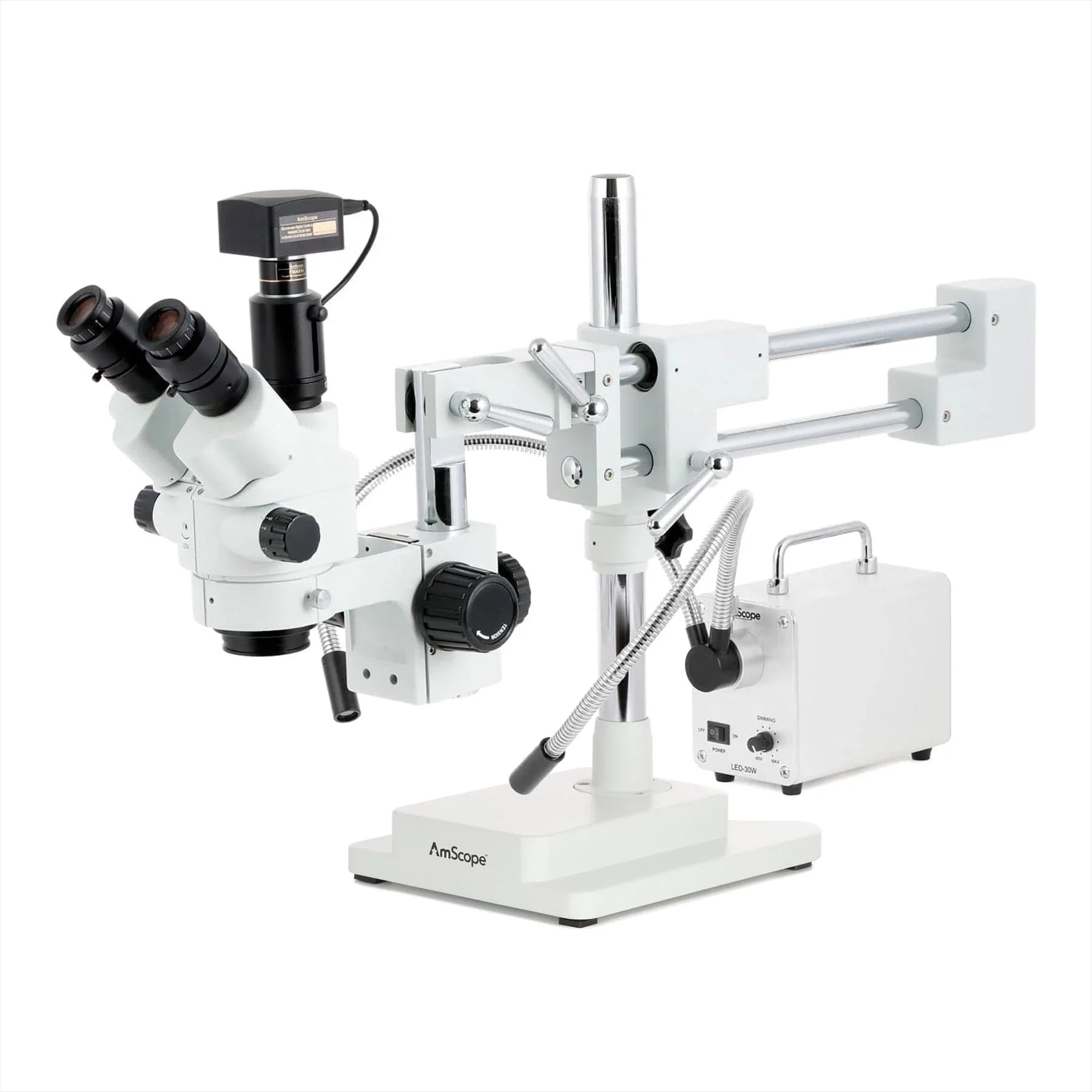 AmScope SM-4 Series Simul-Focal Lockable Zoom Trinocular Stereo Microscope with 30W LED Dual Gooseneck Fiber Optic Lights and Optional Digital Camera on Double Arm Boom Stand - Image 4