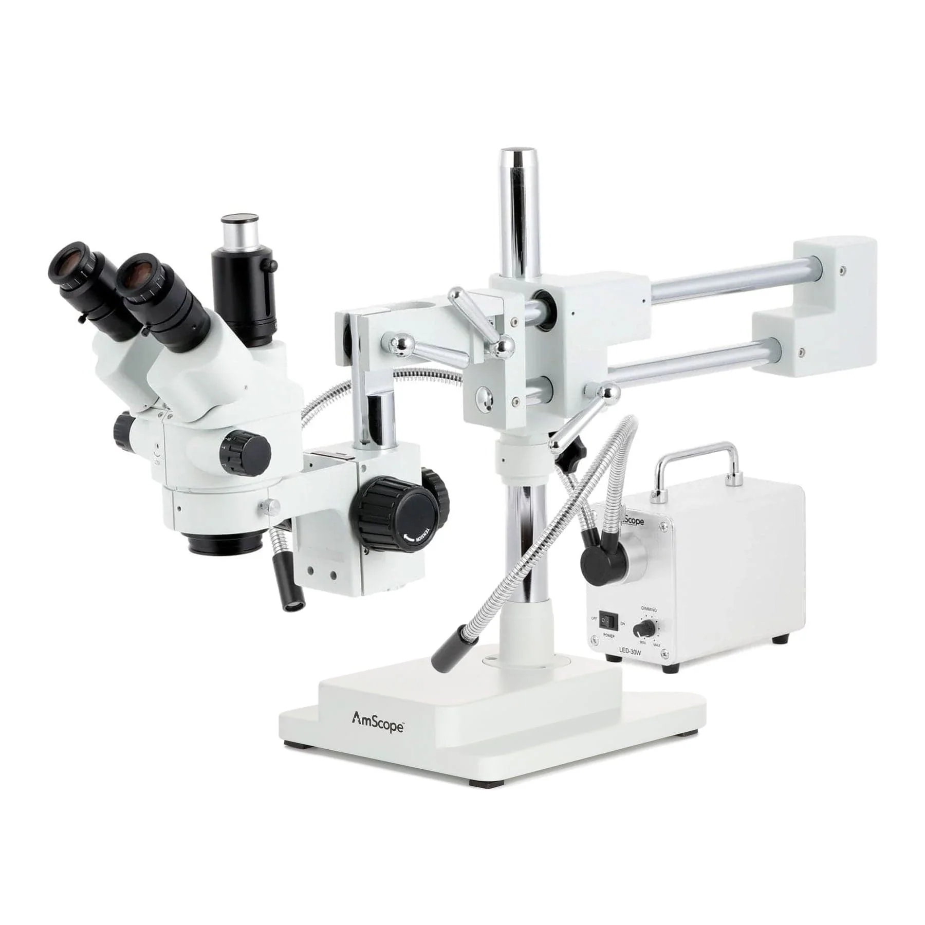AmScope SM-4 Series Simul-Focal Lockable Zoom Trinocular Stereo Microscope with 30W LED Dual Gooseneck Fiber Optic Lights and Auto Focus Camera on Double Arm Boom Stand