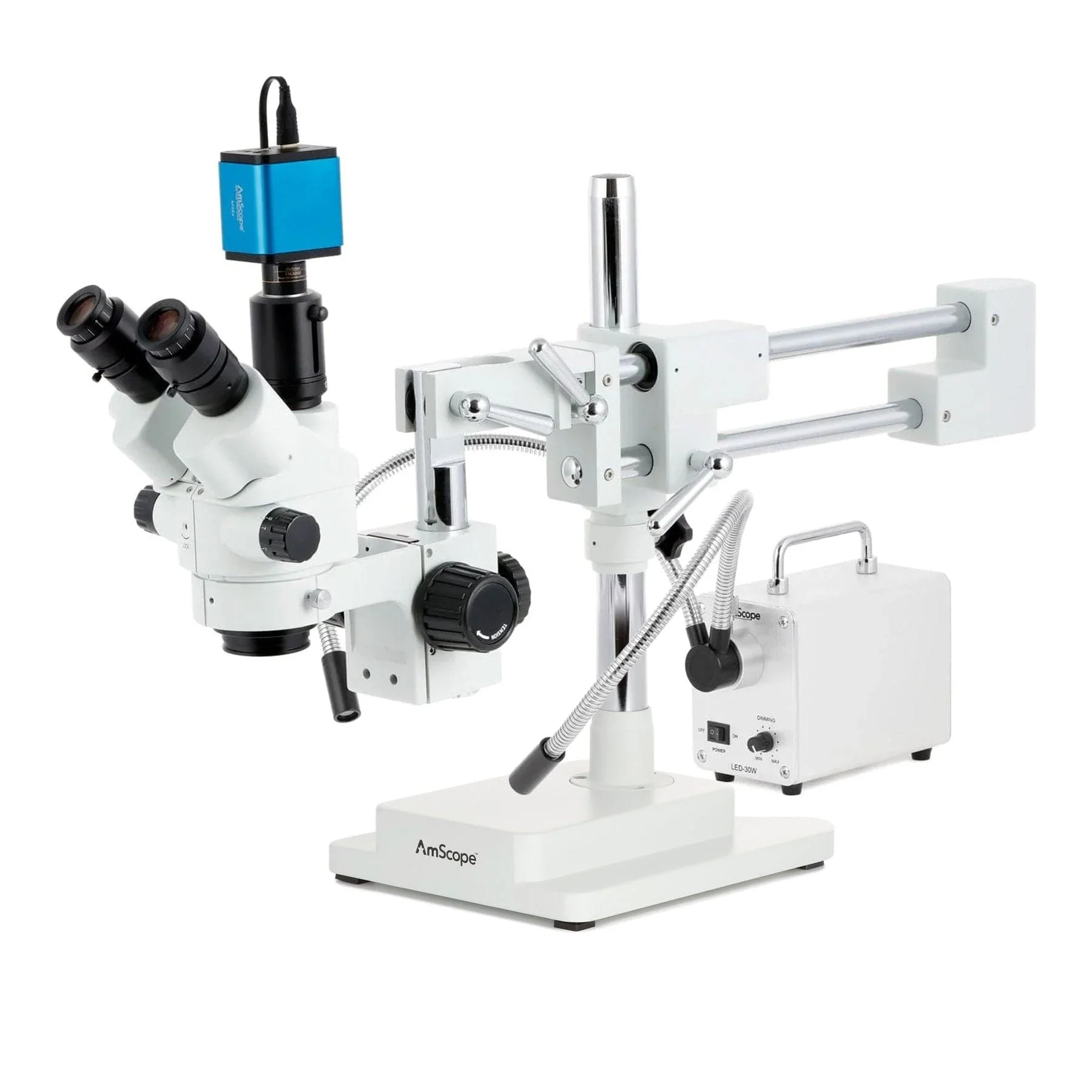 AmScope SM-4 Series Simul-Focal Lockable Zoom Trinocular Stereo Microscope with 30W LED Dual Gooseneck Fiber Optic Lights and Auto Focus Camera on Double Arm Boom Stand - Image 4