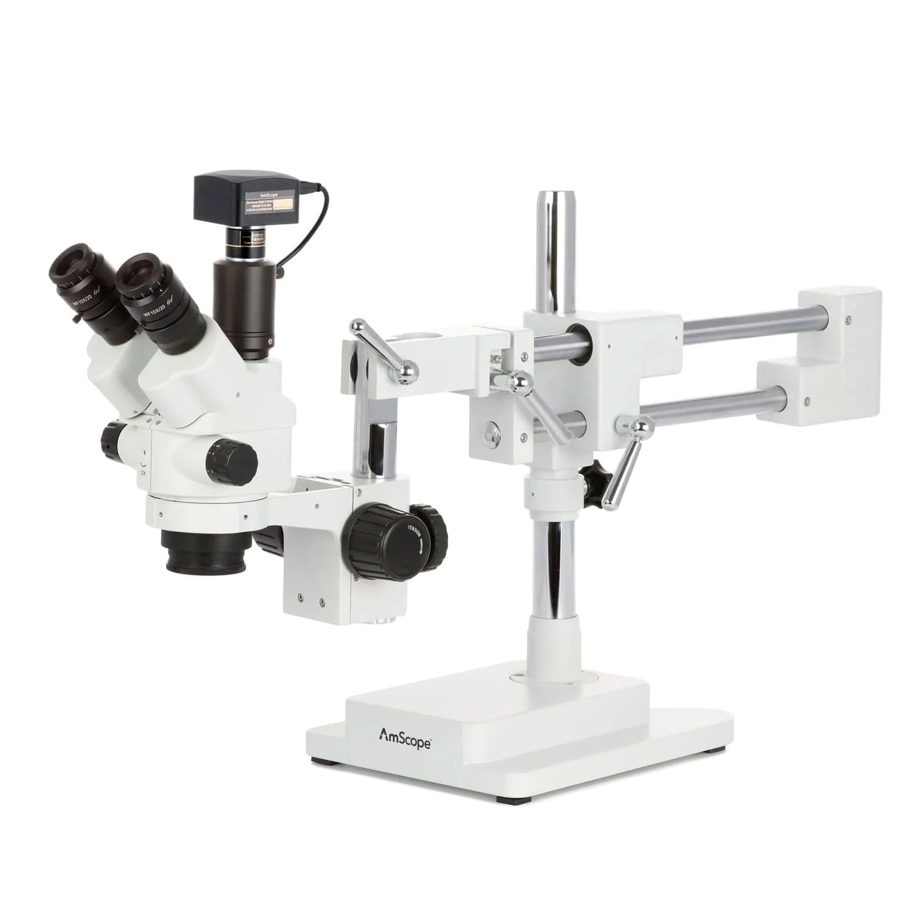 AmScope SM-4 Series Simul-Focal Lockable Trinocular Zoom Stereo Microscope with Optional Digital Camera on Double Arm Boom Stand - Image 4