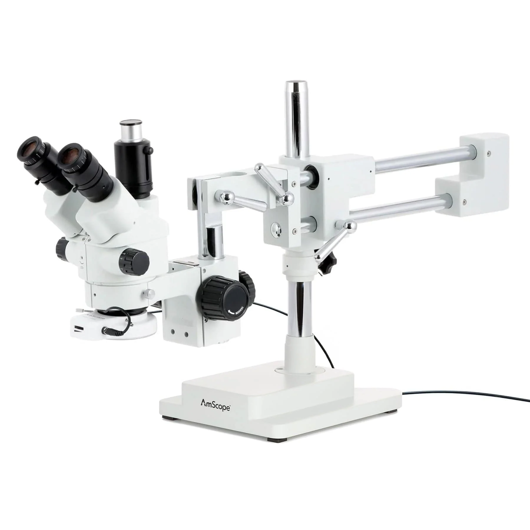 AmScope SM-4 Series Simul-Focal Lockable Zoom Trinocular Stereo Microscope with 64 LED Compact Ring Light and Optional Digital Camera on Double Arm Boom Stand