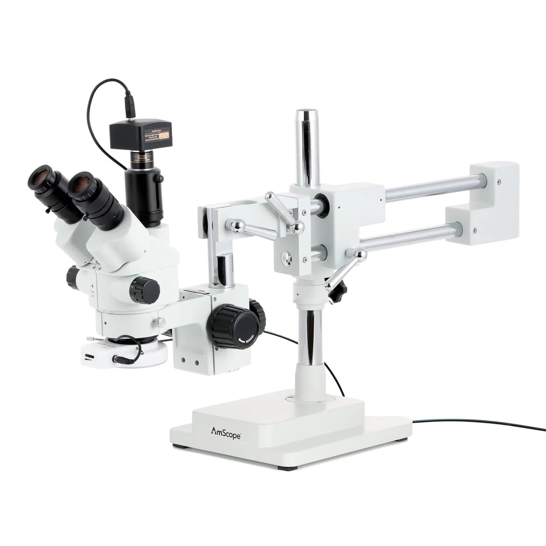 AmScope SM-4 Series Simul-Focal Lockable Zoom Trinocular Stereo Microscope with 64 LED Compact Ring Light and Optional Digital Camera on Double Arm Boom Stand - Image 2