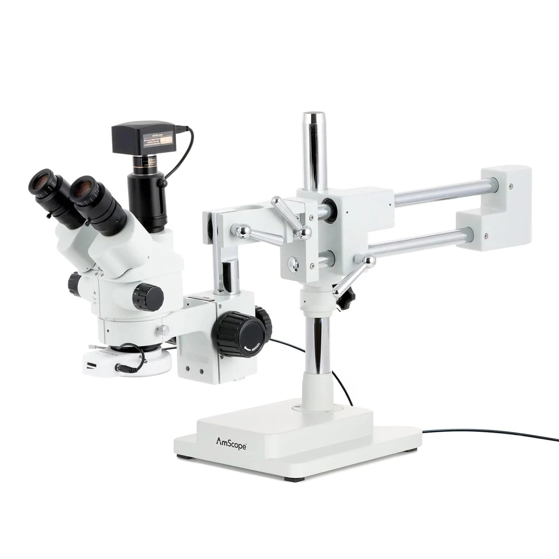 AmScope SM-4 Series Simul-Focal Lockable Zoom Trinocular Stereo Microscope with 64 LED Compact Ring Light and Optional Digital Camera on Double Arm Boom Stand - Image 4