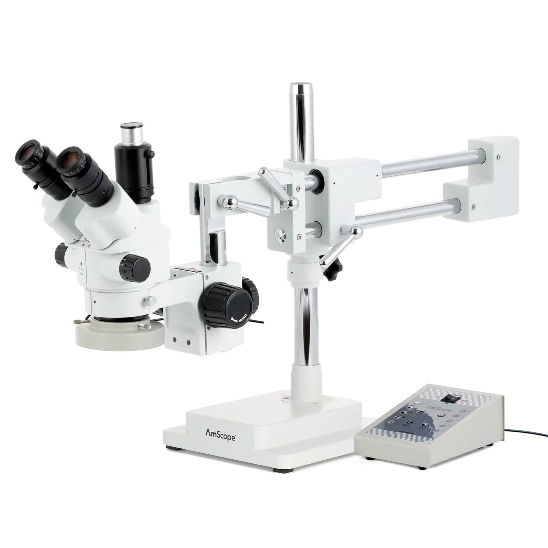 AmScope SM-4 Series Simul-Focal Lockable Zoom Trinocular Stereo Microscope with 80 LED Direction Variable Ring Light and Auto Focus Camera on Double Arm Boom Stand