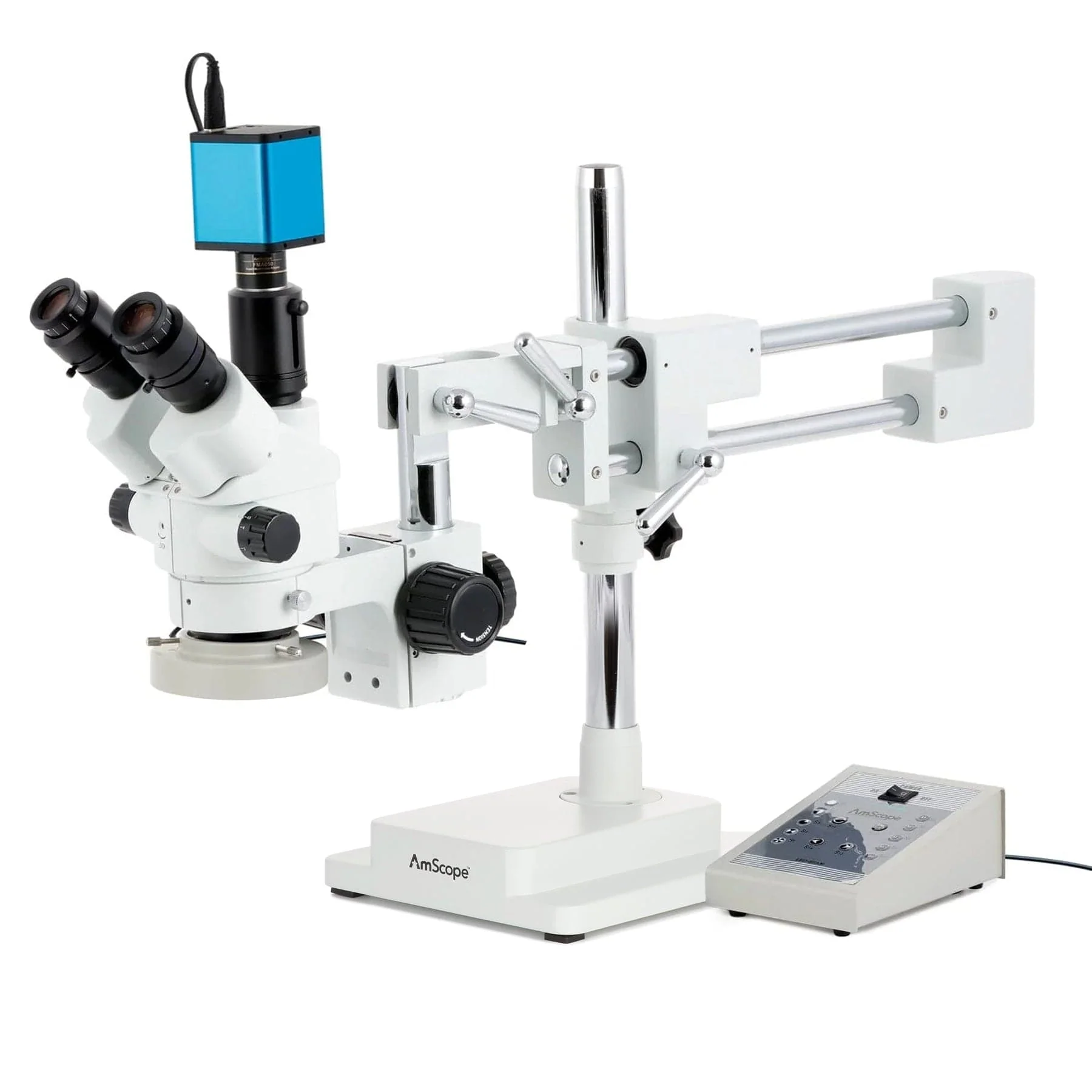 AmScope SM-4 Series Simul-Focal Lockable Zoom Trinocular Stereo Microscope with 80 LED Direction Variable Ring Light and Auto Focus Camera on Double Arm Boom Stand - Image 2