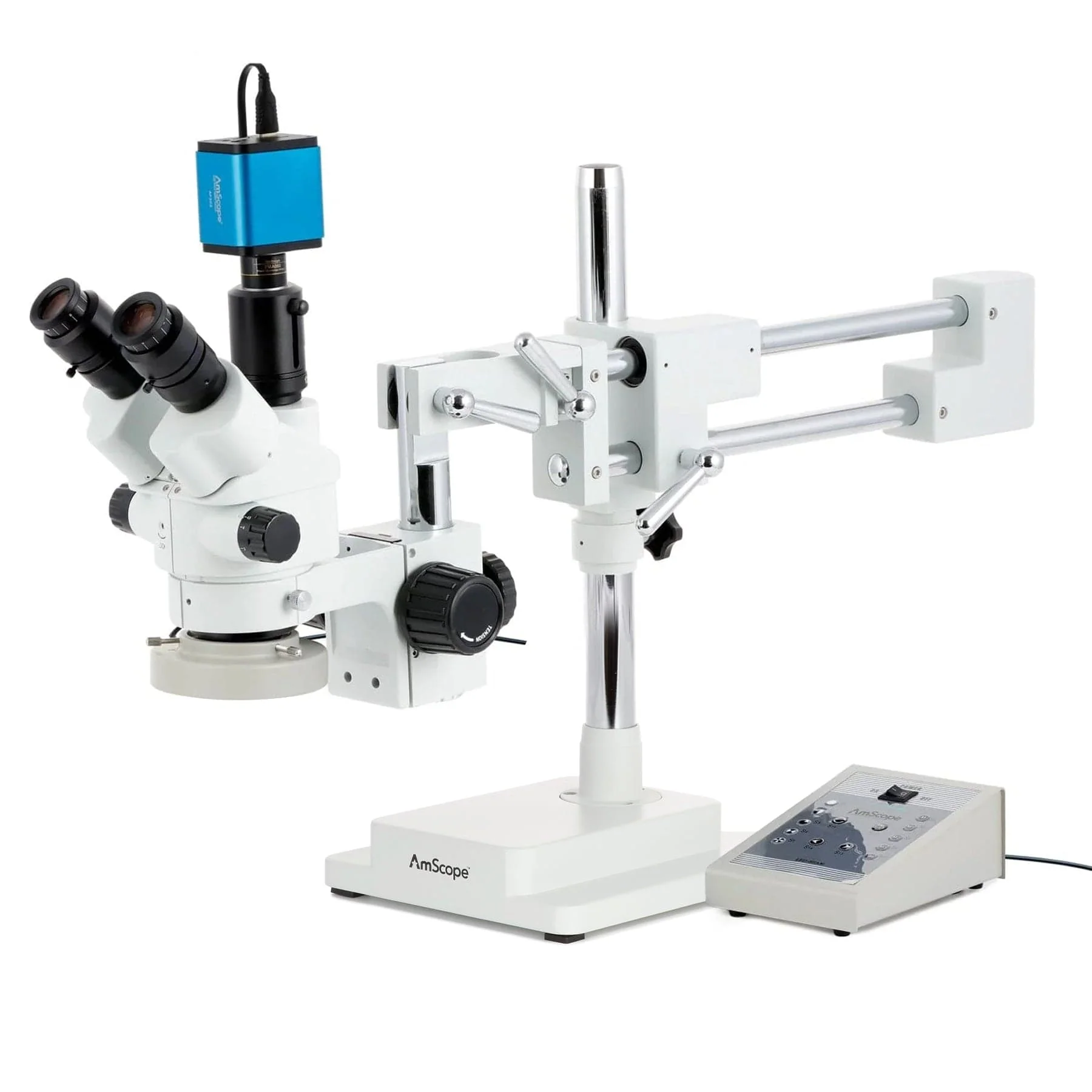 AmScope SM-4 Series Simul-Focal Lockable Zoom Trinocular Stereo Microscope with 80 LED Direction Variable Ring Light and Auto Focus Camera on Double Arm Boom Stand - Image 4
