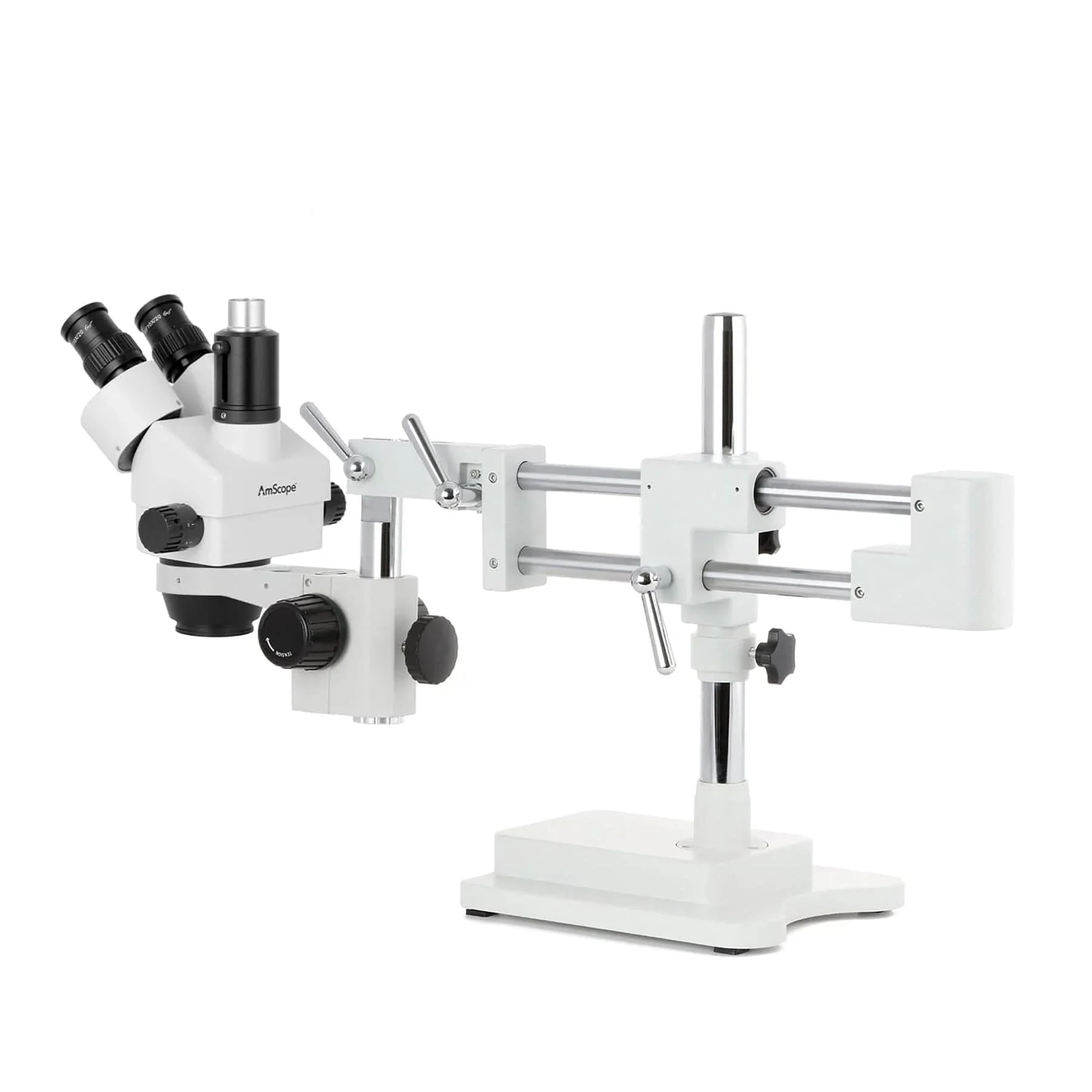 AmScope SM-4 Series Simul-Focal Lockable Trinocular Zoom Stereo Microscope with Optional Digital Camera on Double Arm Boom Stand - Image 7