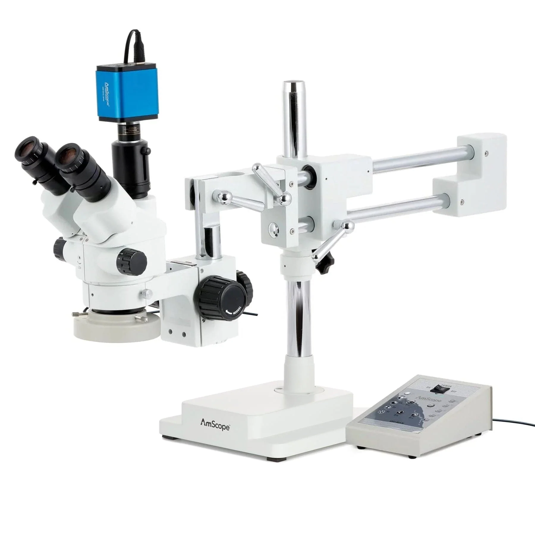 AmScope SM-4 Series Simul-Focal Lockable Zoom Trinocular Stereo Microscope with 80 LED Direction Variable Ring Light and HDMI Camera on Double Arm Boom Stand - Image 4