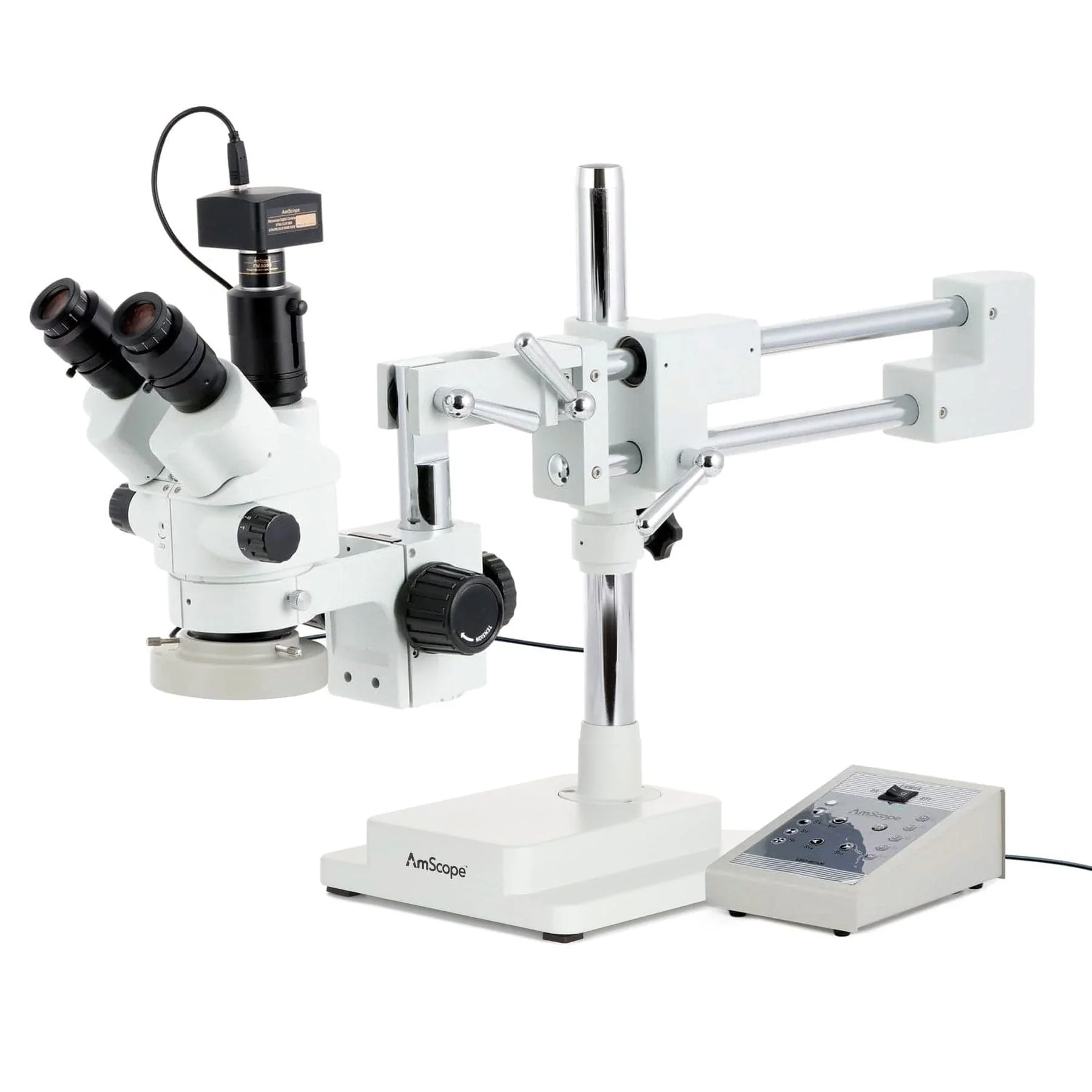 AmScope SM-4 Series Simul-Focal Lockable Zoom Trinocular Stereo Microscope with Heavy Duty 80 LED Ring Light and Optional Digital Camera on Double Arm Boom Stand - Image 2