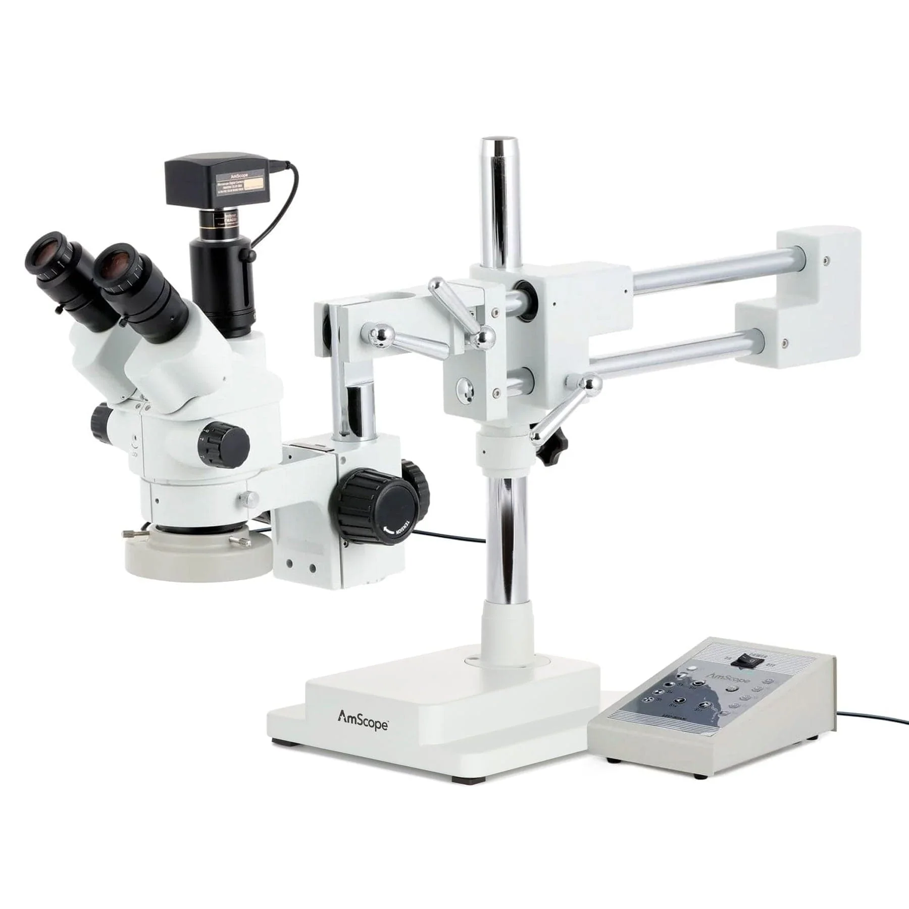 AmScope SM-4 Series Simul-Focal Lockable Zoom Trinocular Stereo Microscope with Heavy Duty 80 LED Ring Light and Optional Digital Camera on Double Arm Boom Stand - Image 4