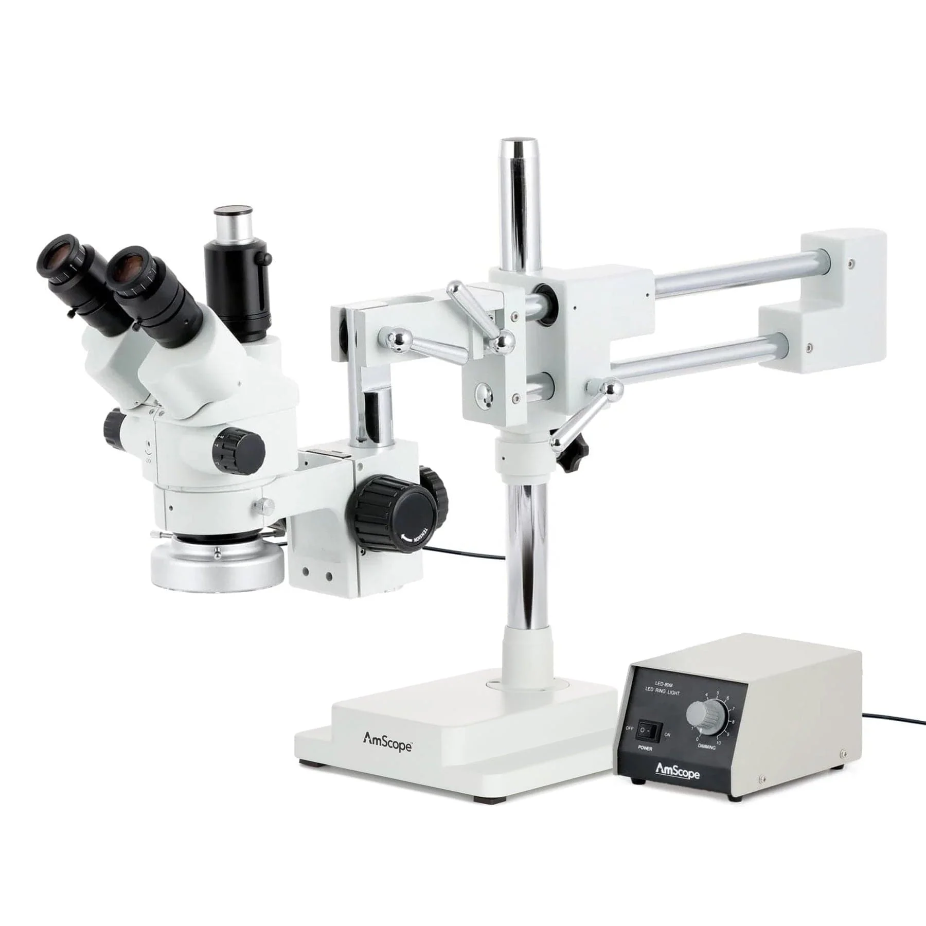 AmScope SM-4 Series Simul-Focal Lockable Zoom Trinocular Stereo Microscope with Heavy Duty 80 LED Ring Light and Auto Focus Camera on Double Arm Boom Stand