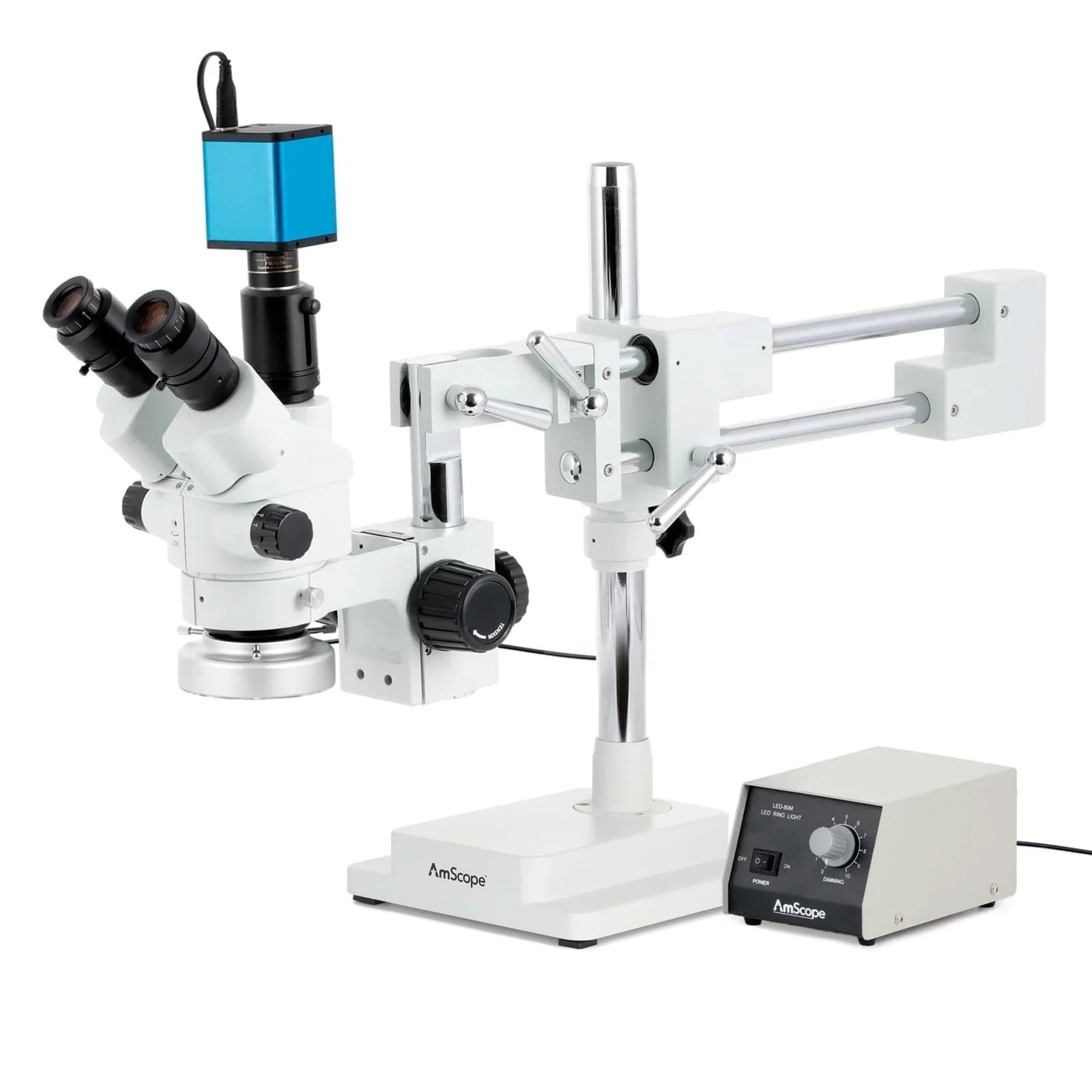 AmScope SM-4 Series Simul-Focal Lockable Zoom Trinocular Stereo Microscope with Heavy Duty 80 LED Ring Light and Auto Focus Camera on Double Arm Boom Stand - Image 2