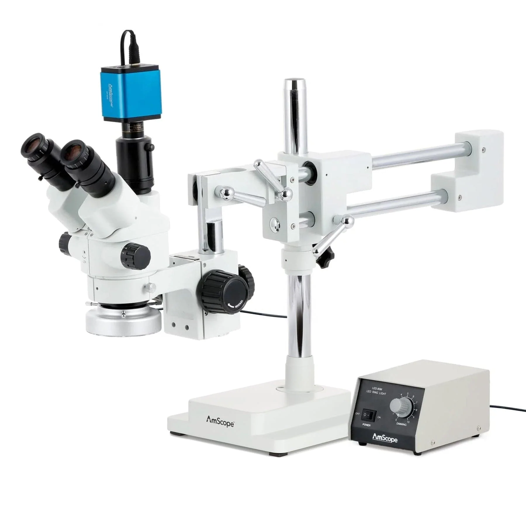 AmScope SM-4 Series Simul-Focal Lockable Zoom Trinocular Stereo Microscope with Heavy Duty 80 LED Ring Light and Auto Focus Camera on Double Arm Boom Stand - Image 4