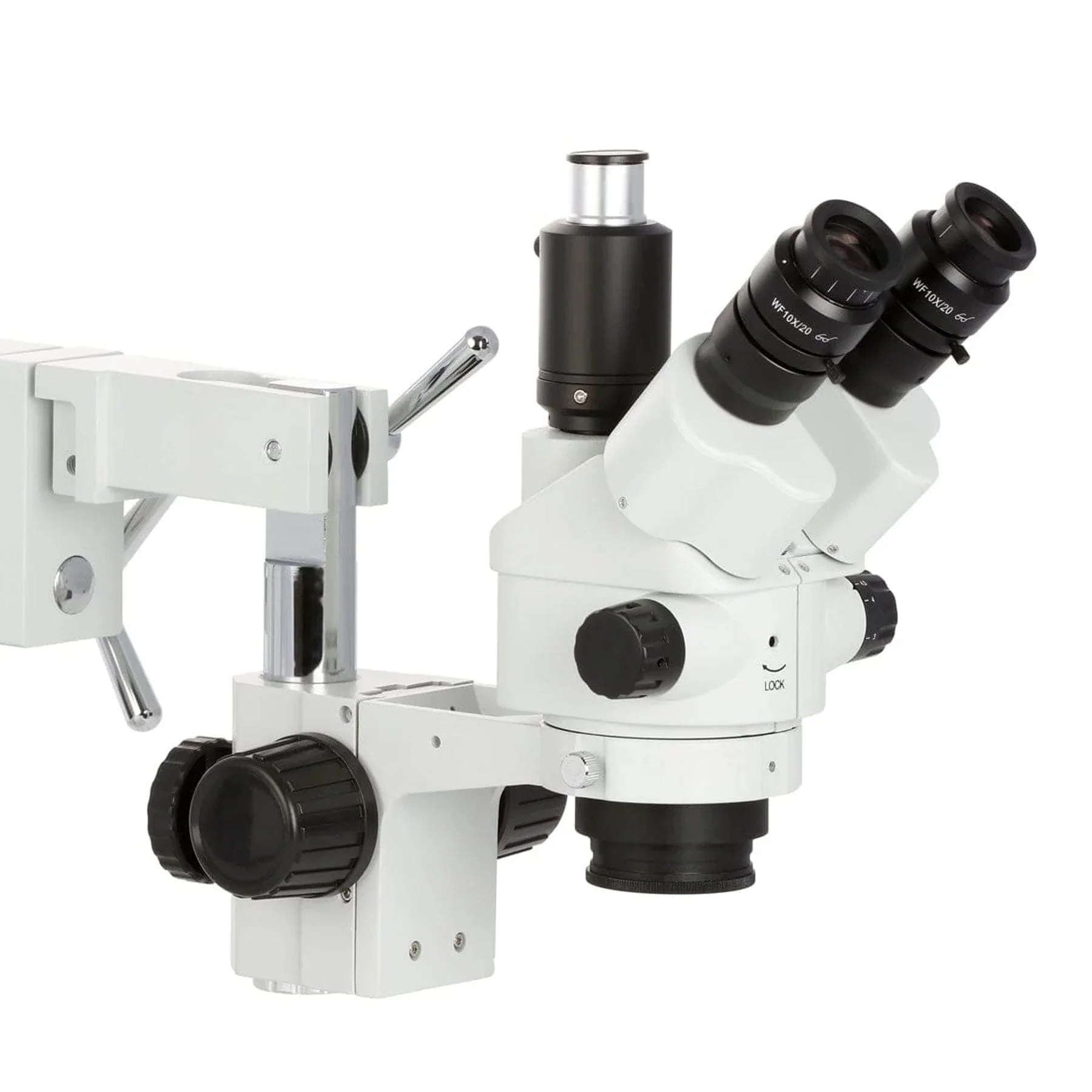 AmScope SM-4 Series Simul-Focal Lockable Zoom Trinocular Stereo Microscope with 56 LED Compact Ring Light and Optional Digital Camera on Double Arm Boom Stand - Image 8
