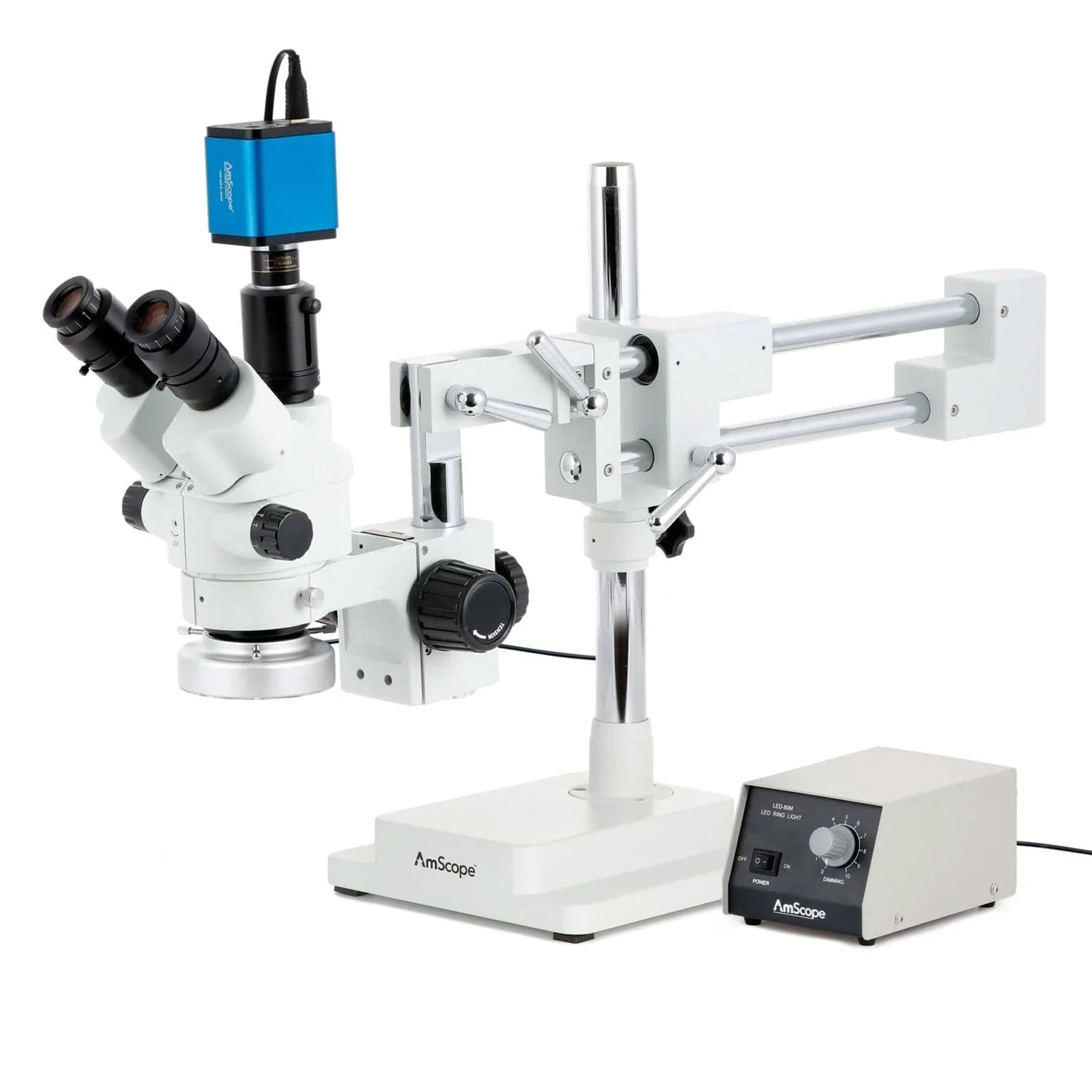 AmScope SM-4 Series Simul-Focal Lockable Zoom Trinocular Stereo Microscope with Heavy Duty 80 LED Ring Light and HDMI Camera on Double Arm Boom Stand - Image 2