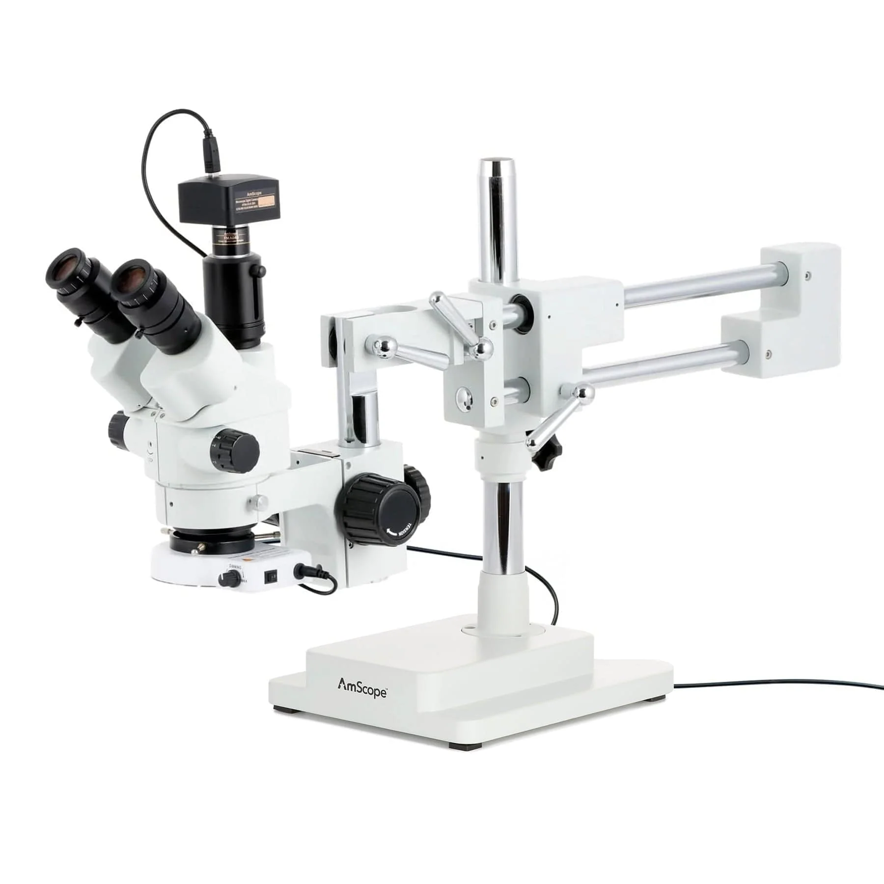 AmScope SM-4 Series Simul-Focal Lockable Zoom Trinocular Stereo Microscope with 80 LED Compact Ring Light and Optional Digital Camera on Double Arm Boom Stand - Image 2