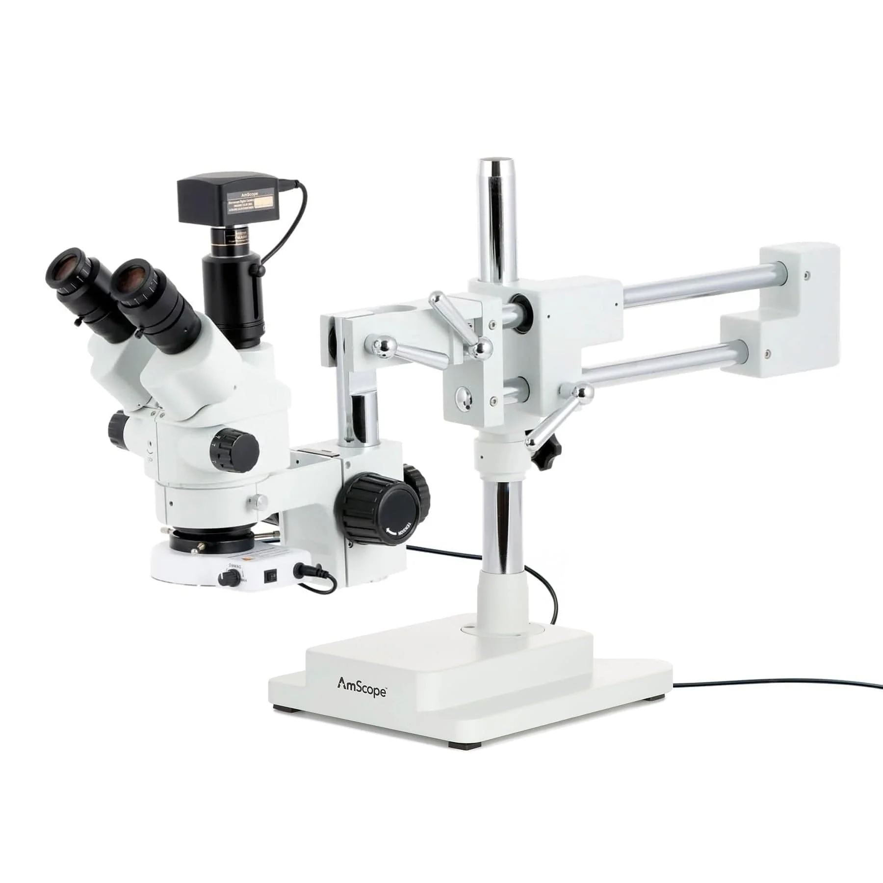 AmScope SM-4 Series Simul-Focal Lockable Zoom Trinocular Stereo Microscope with 80 LED Compact Ring Light and Optional Digital Camera on Double Arm Boom Stand - Image 4