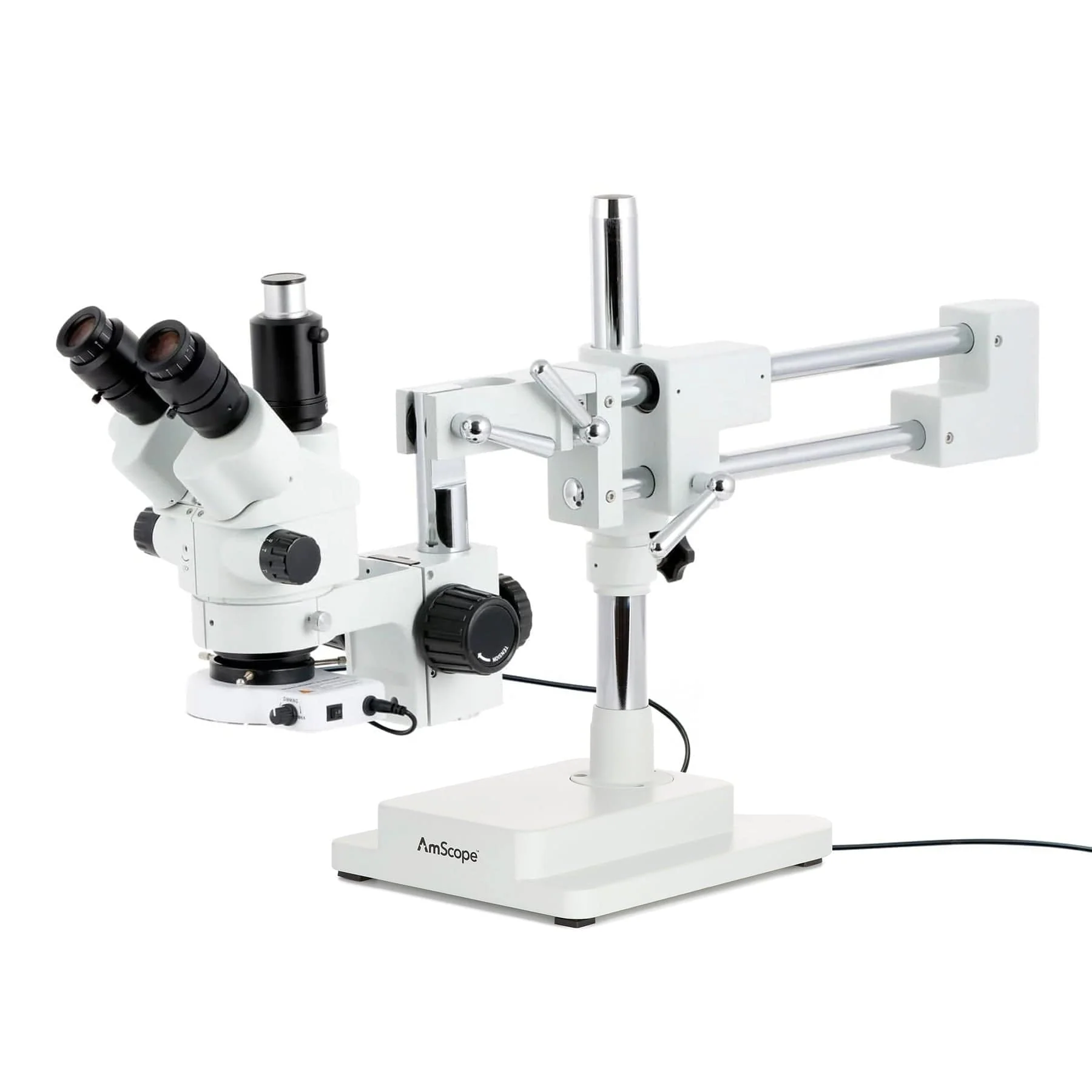 AmScope SM-4 Series Simul-Focal Lockable Zoom Trinocular Stereo Microscope with 80 LED Compact Ring Light and Auto Focus Camera on Double Arm Boom Stand