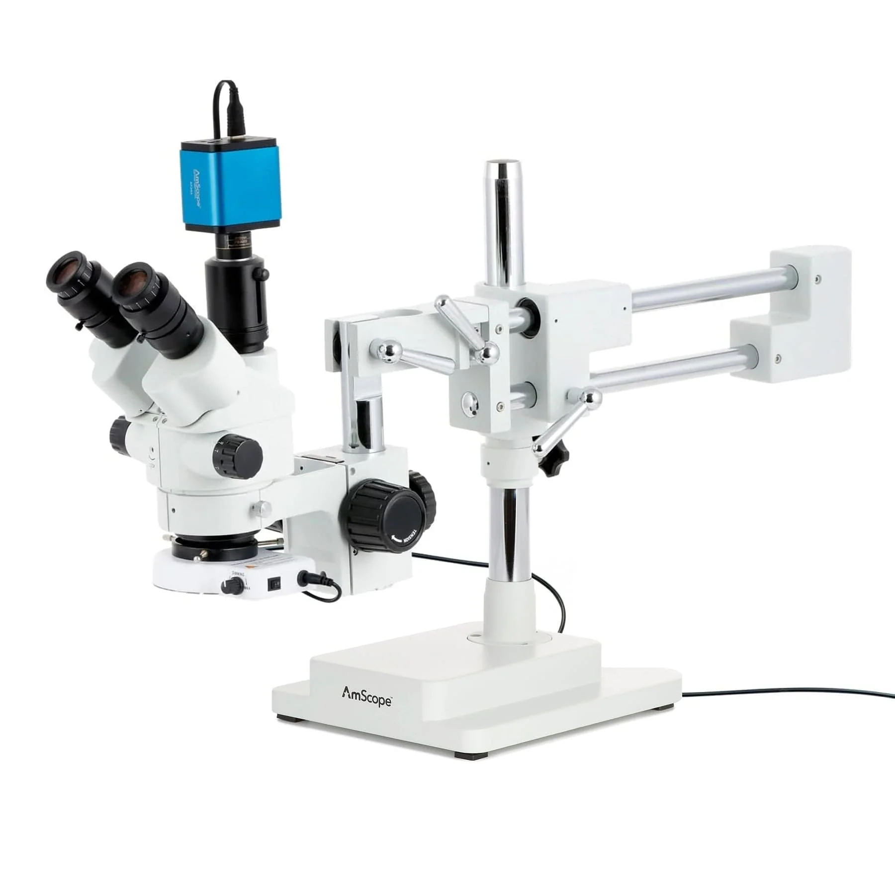 AmScope SM-4 Series Simul-Focal Lockable Zoom Trinocular Stereo Microscope with 80 LED Compact Ring Light and Auto Focus Camera on Double Arm Boom Stand - Image 4