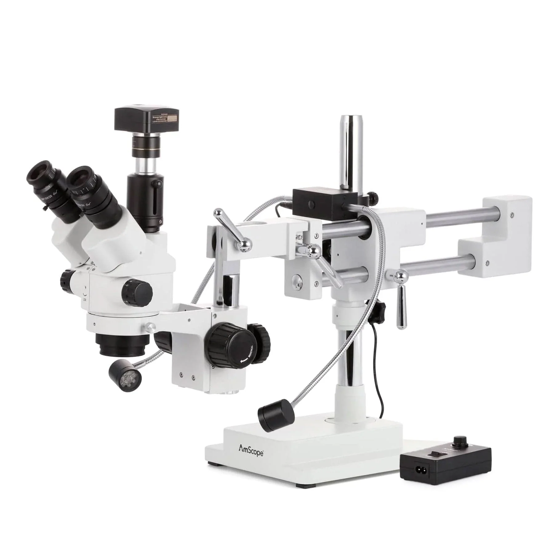 AmScope SM-4NT Series Trinocular Simul-Focal Lockable Zoom Stereo Microscope 7X-45X w/8W LED Dual Gooseneck Illuminator and Optional Digital Camera on Double Arm Boom Stand - Image 2