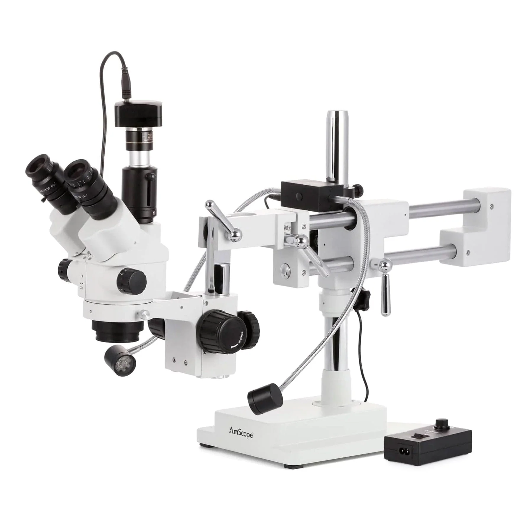 AmScope SM-4NT Series Trinocular Simul-Focal Lockable Zoom Stereo Microscope 7X-45X w/8W LED Dual Gooseneck Illuminator and Optional Digital Camera on Double Arm Boom Stand - Image 3