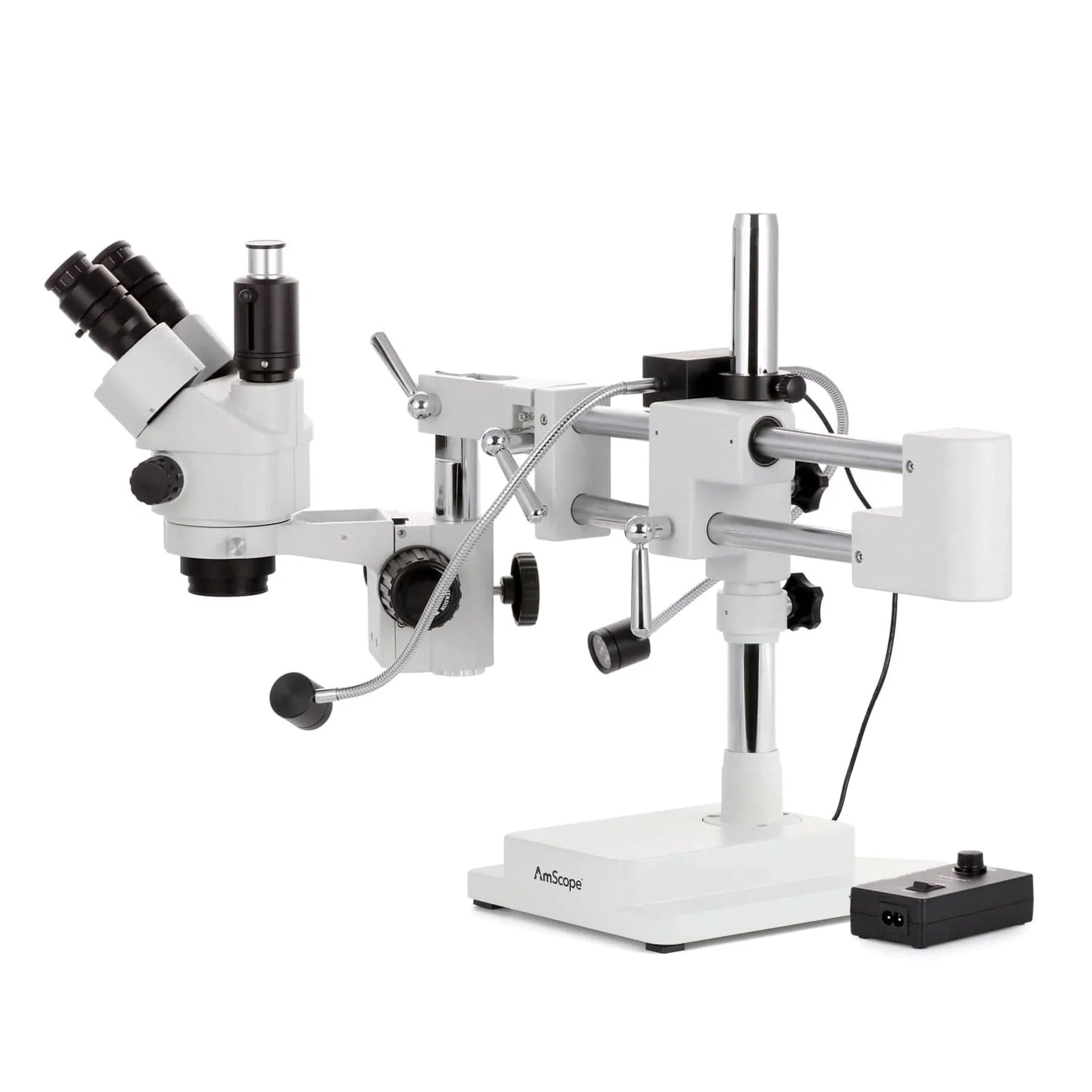 AmScope SM-4NT Series Trinocular Simul-Focal Lockable Zoom Stereo Microscope 7X-45X w/8W LED Dual Gooseneck Illuminator and Optional Digital Camera on Double Arm Boom Stand - Image 4
