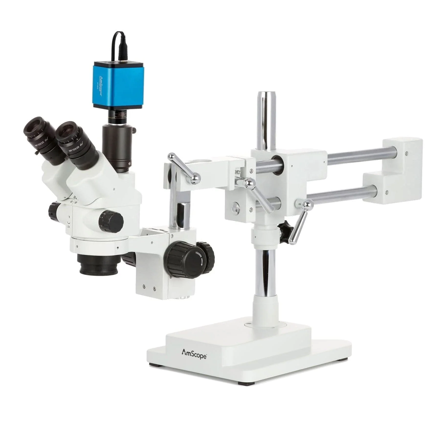 AmScope SM-4 Series Simul-Focal Lockable Zoom Trinocular Stereo Microscope with Auto Focus Camera on Double Arm Boom Stand - Image 4
