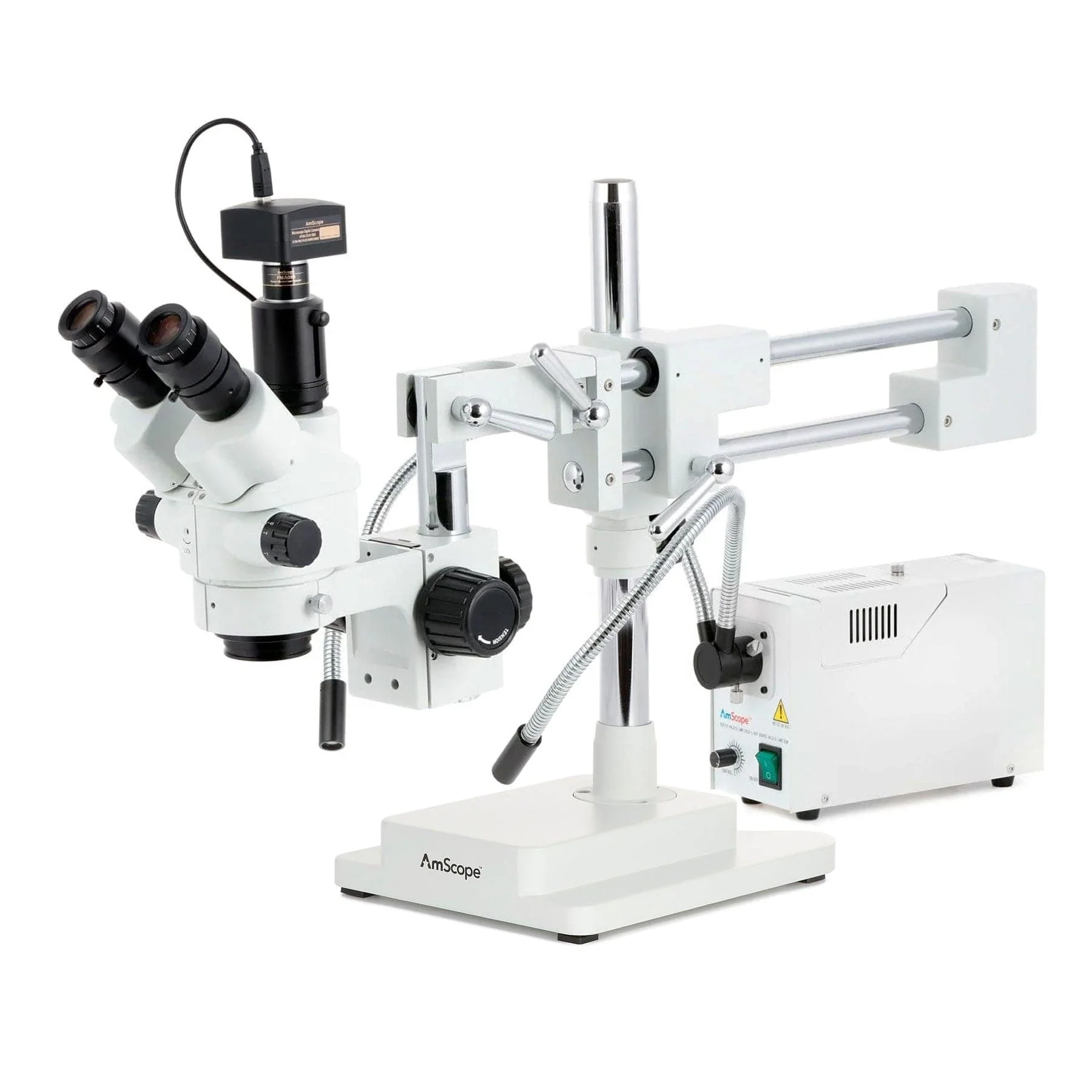 AmScope SM-4 Series Simul-Focal Lockable Zoom Trinocular Stereo Microscope with 150W Halogen Dual Fiber Gooseneck Lights and Optional Digital Camera on Double Arm Boom Stand - Image 2