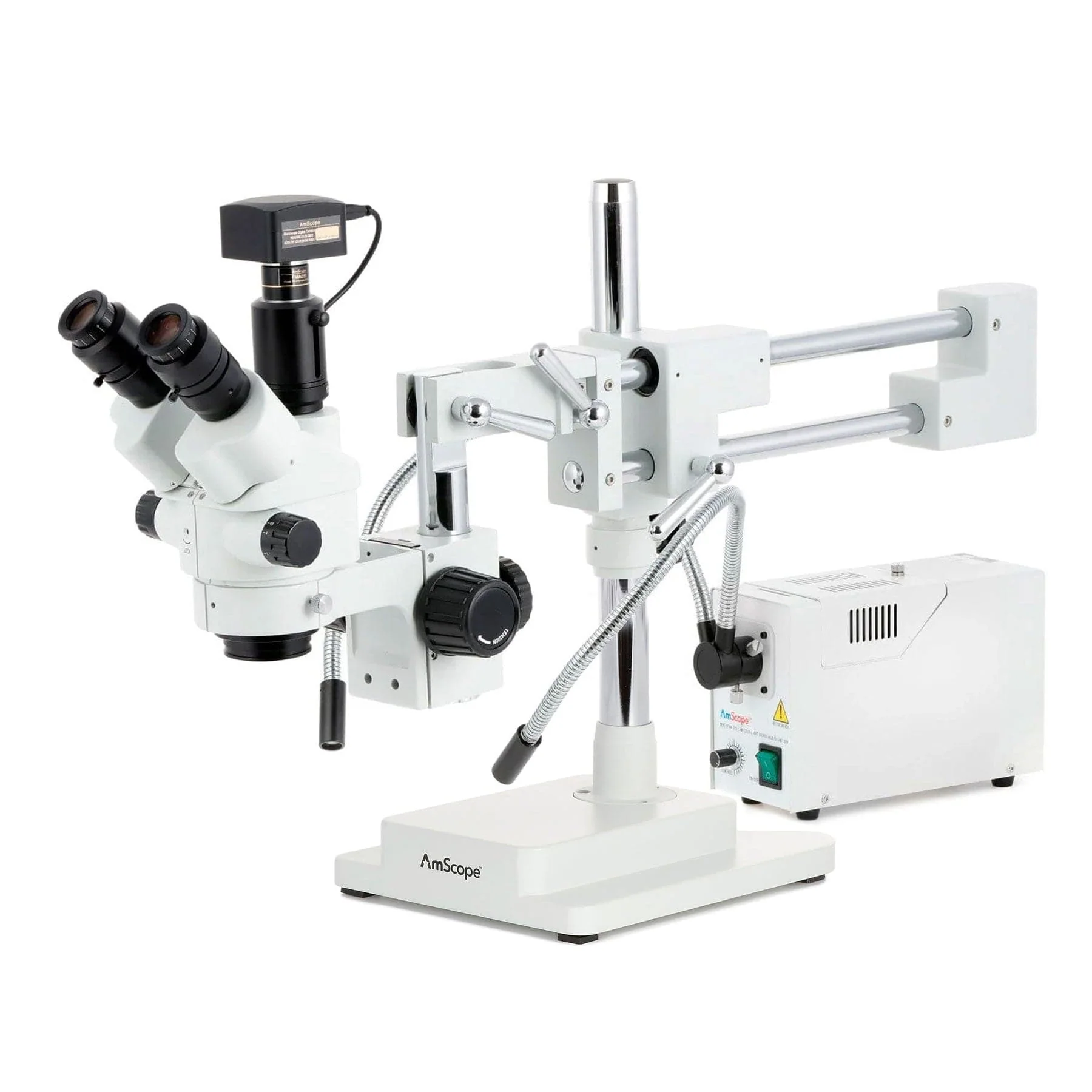 AmScope SM-4 Series Simul-Focal Lockable Zoom Trinocular Stereo Microscope with 150W Halogen Dual Fiber Gooseneck Lights and Optional Digital Camera on Double Arm Boom Stand - Image 4