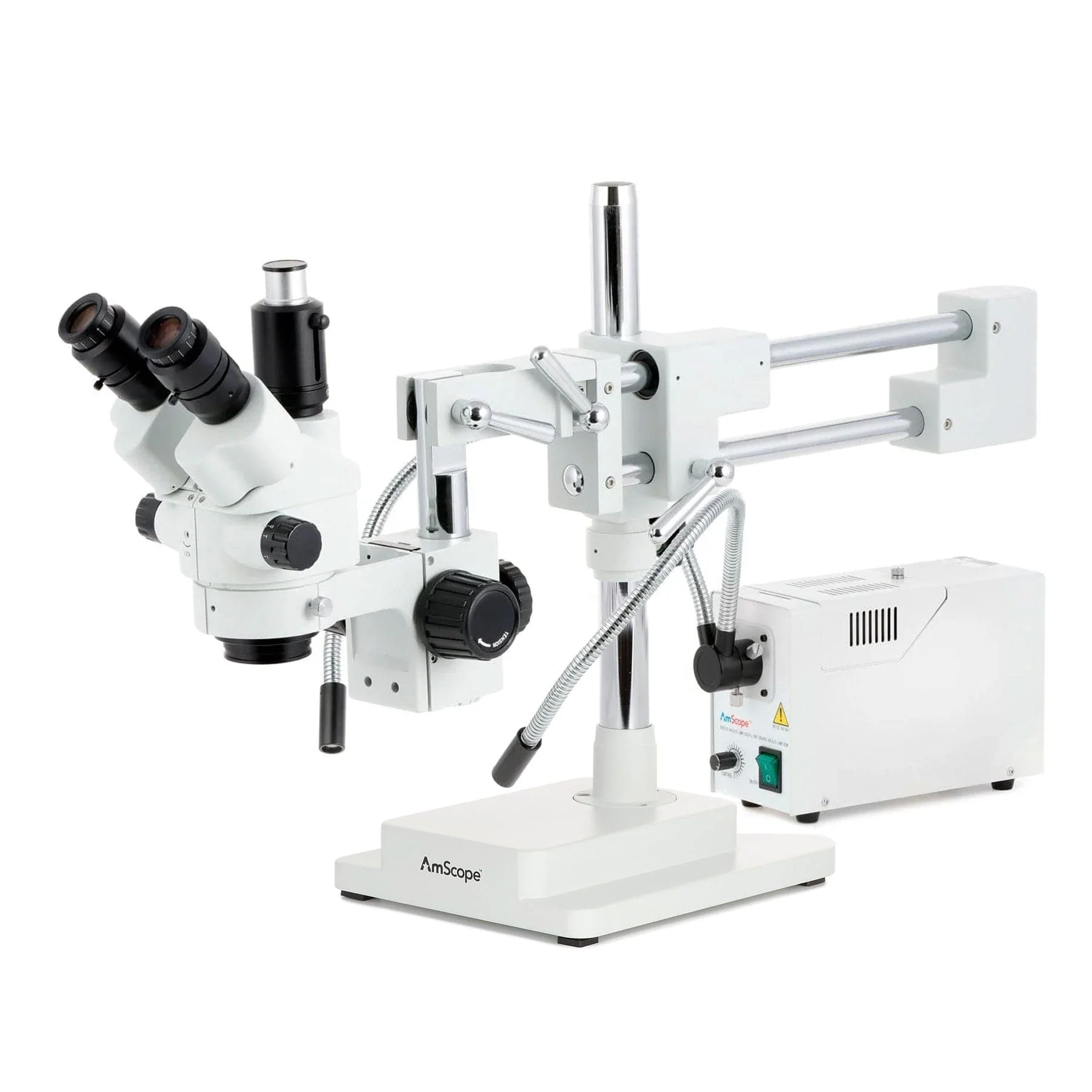 AmScope SM-4 Series Simul-Focal Lockable Zoom Trinocular Stereo Microscope with 150W Halogen Dual Fiber Gooseneck Lights and Auto Focus Camera on Double Arm Boom Stand