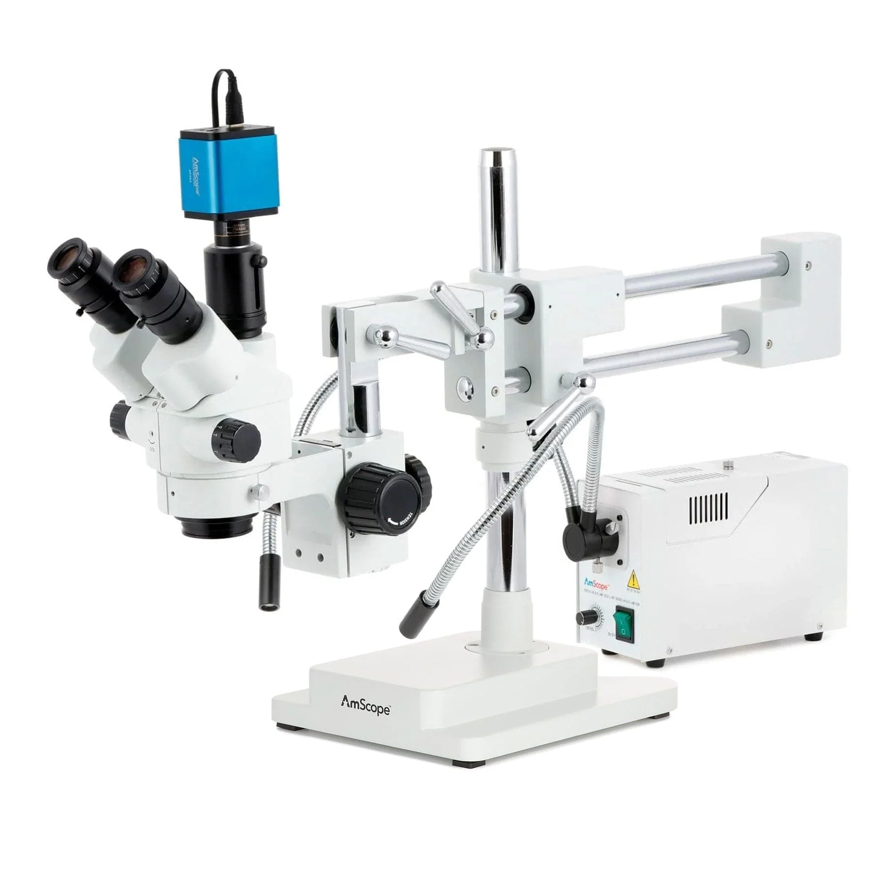 AmScope SM-4 Series Simul-Focal Lockable Zoom Trinocular Stereo Microscope with 150W Halogen Dual Fiber Gooseneck Lights and Auto Focus Camera on Double Arm Boom Stand - Image 3